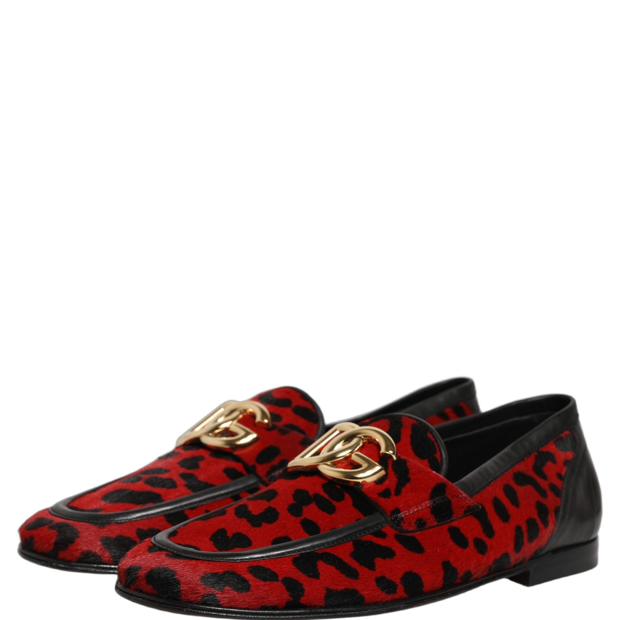 Dolce & Gabbana Red Leopard Print Pony Hair Dress Loafers Shoes