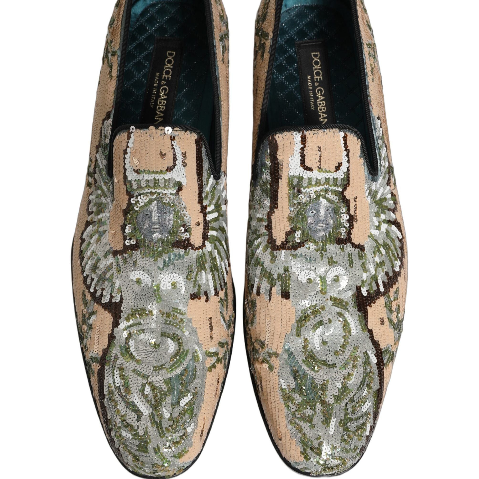 Dolce & Gabbana Beige Sequin Embroidery Dress Loafers Shoes