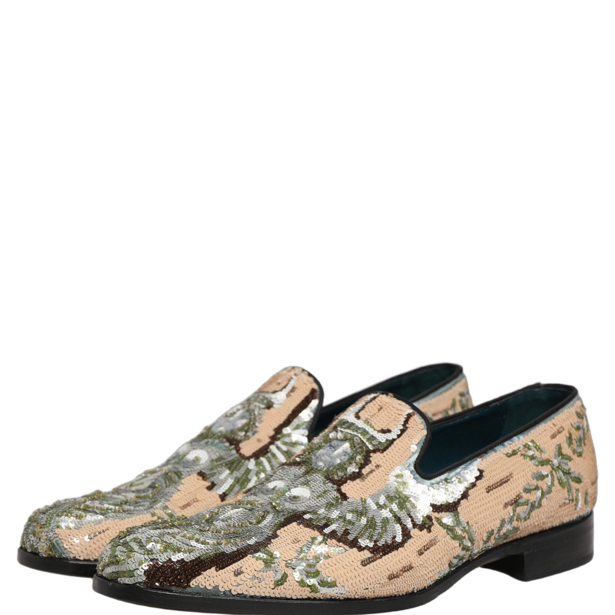 Dolce & Gabbana Beige Sequin Embroidery Dress Loafers Shoes