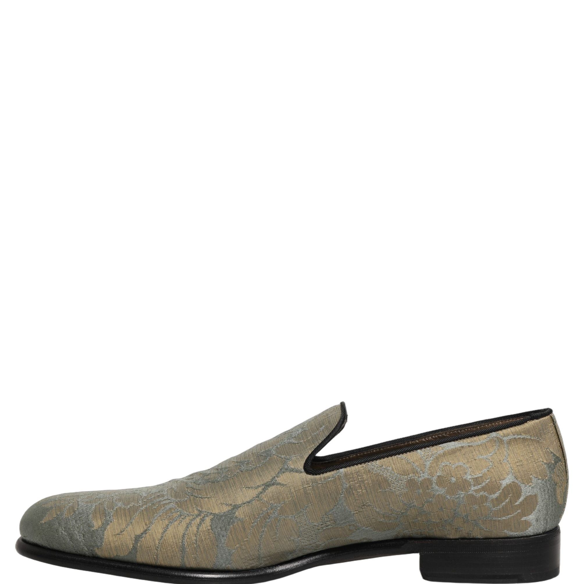 Dolce & Gabbana Gold Floral Jacquard Slip On Loafers Shoes