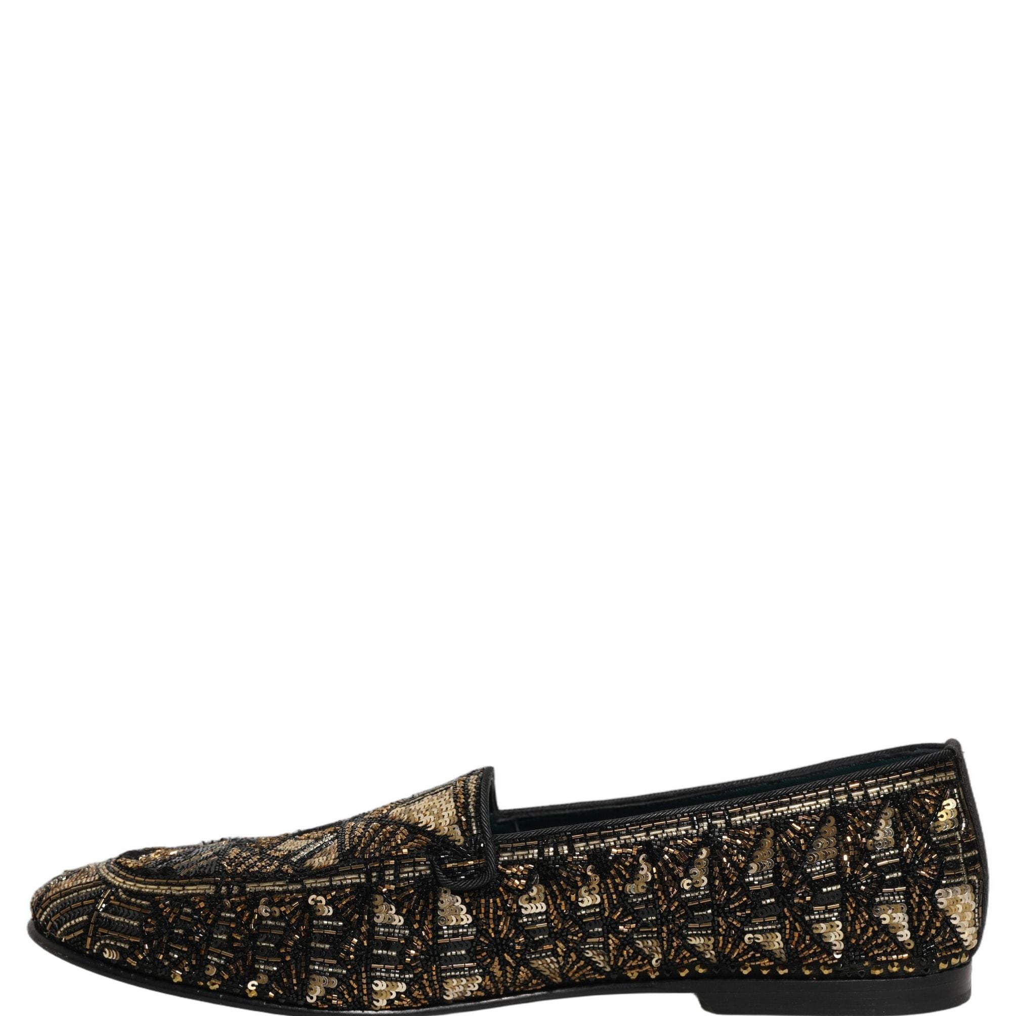 Dolce & Gabbana Black Gold Embellished Slip On Loafers Shoes