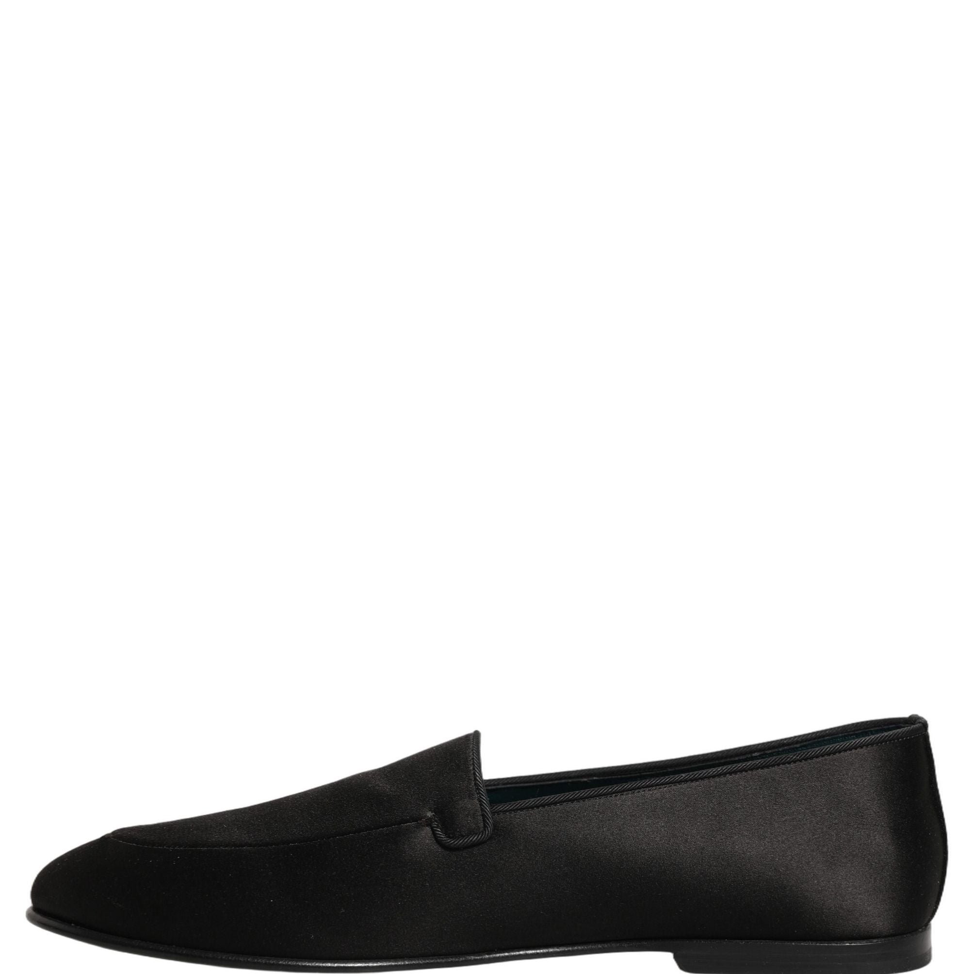 Dolce & Gabbana Black Satin Logo Slip On Flats Loafers Shoes