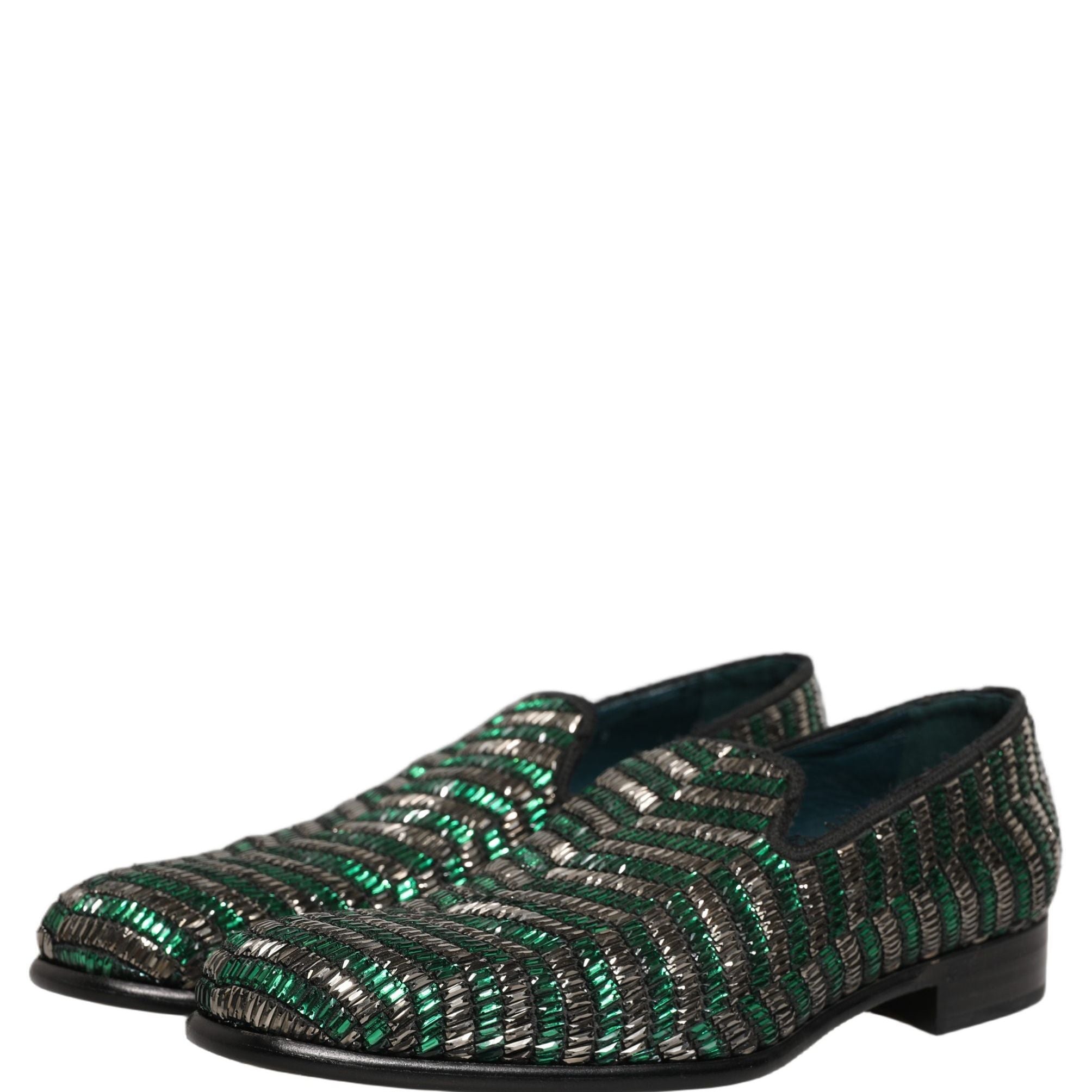 Dolce & Gabbana Silver Green Embellished Dress Loafers Shoes