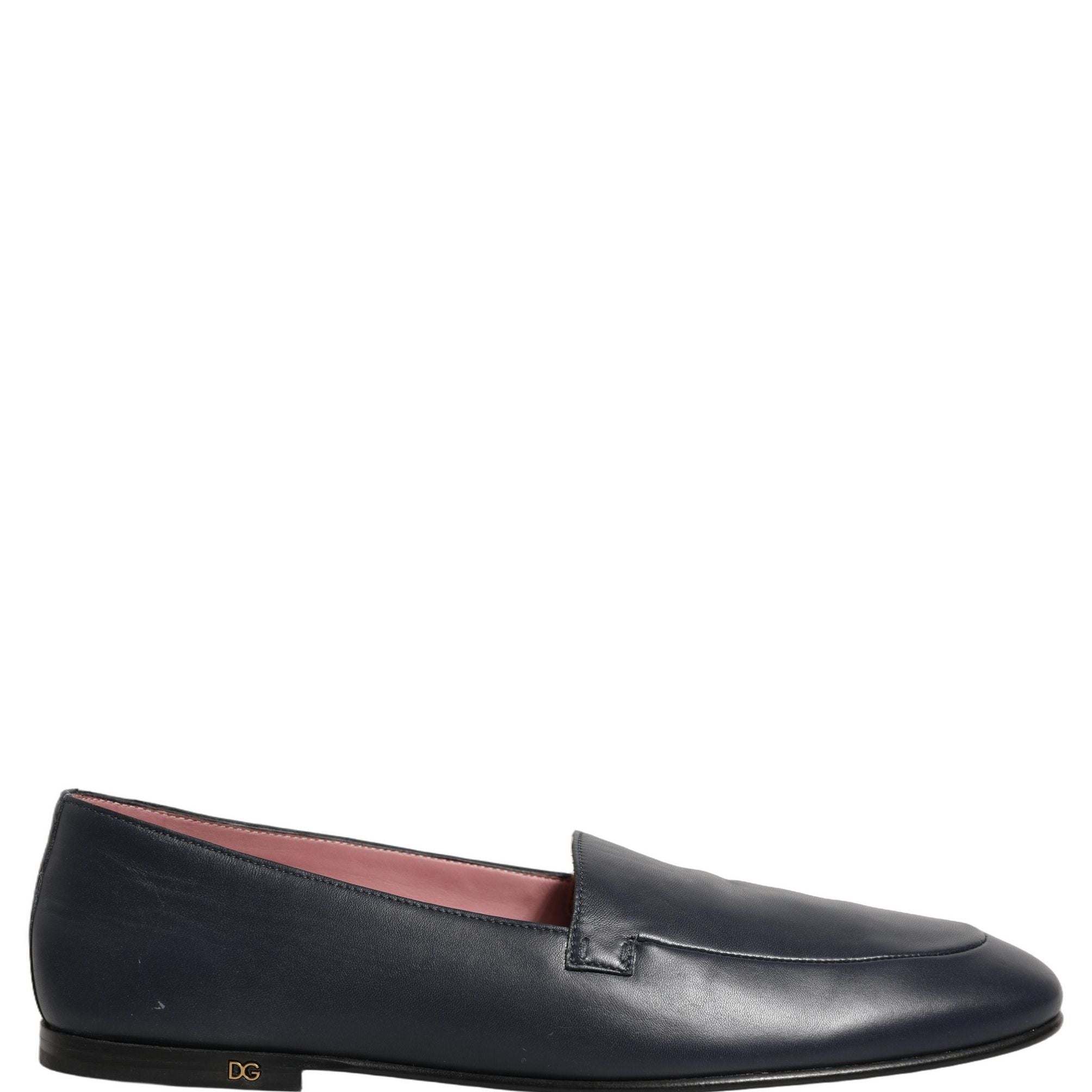 Dolce & Gabbana Navy Blue Leather Logo Slip On Loafers Shoes