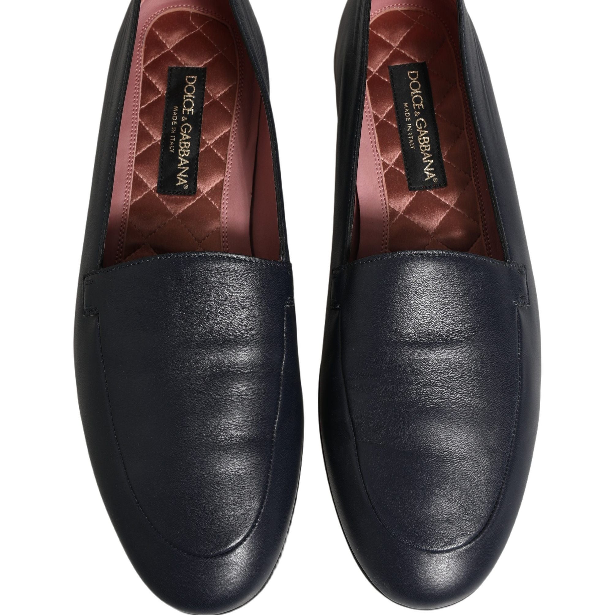 Dolce & Gabbana Navy Blue Leather Logo Slip On Loafers Shoes
