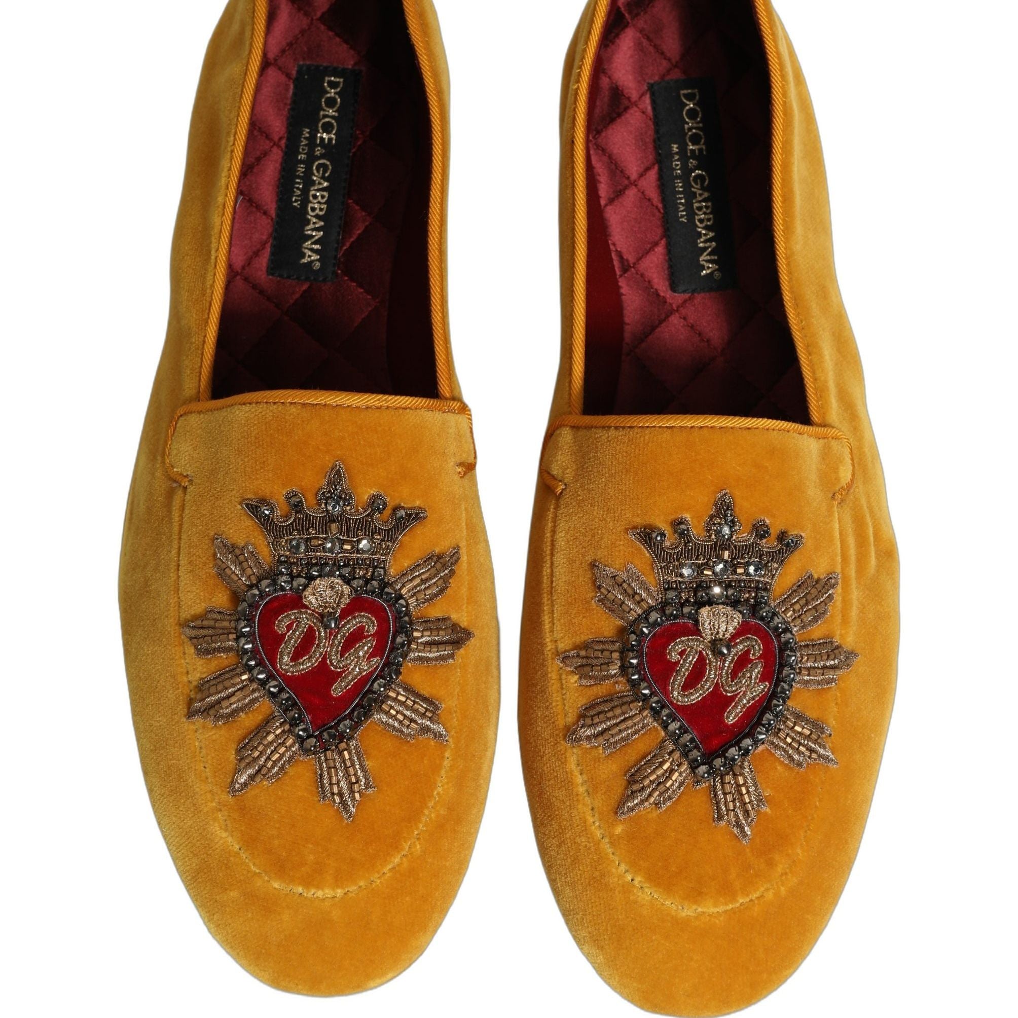 Dolce & Gabbana Yellow Velvet DG Heart Loafers Flats Shoes