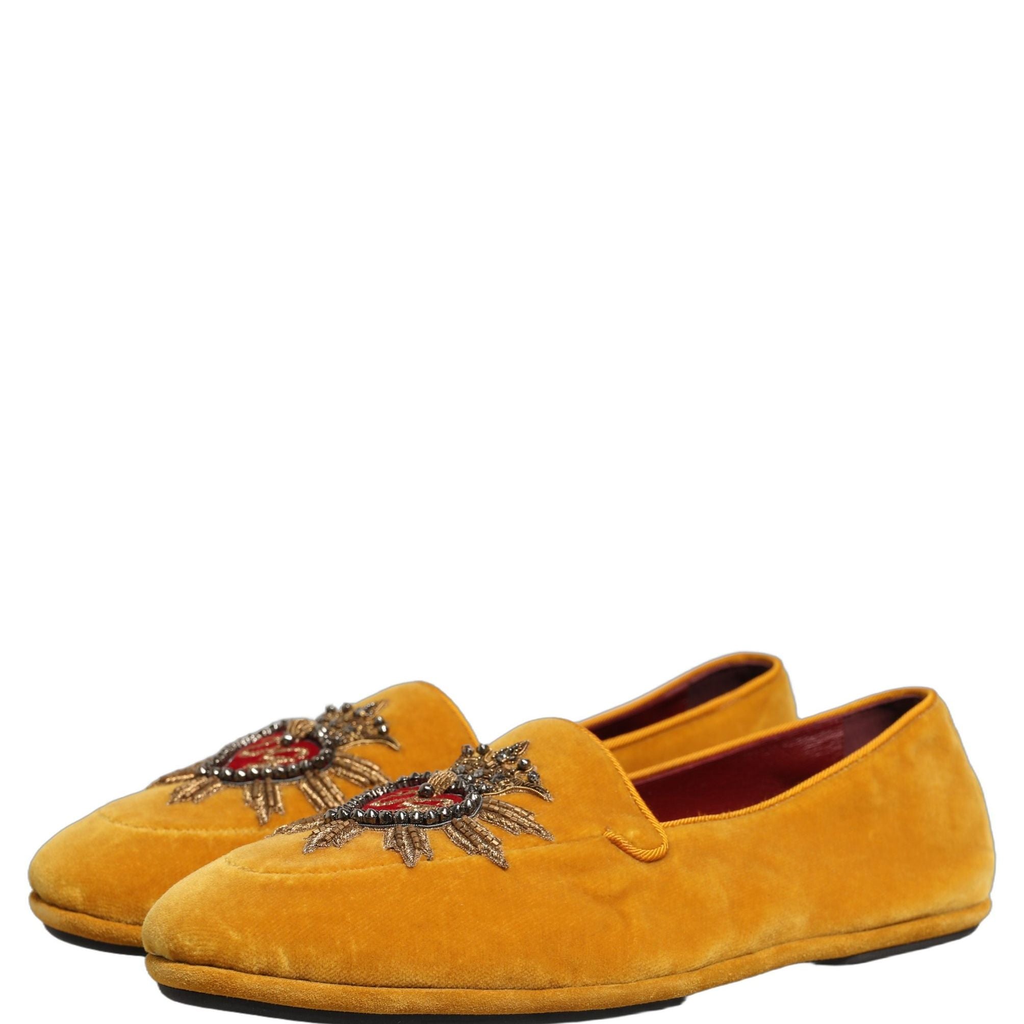 Dolce & Gabbana Yellow Velvet DG Heart Loafers Flats Shoes