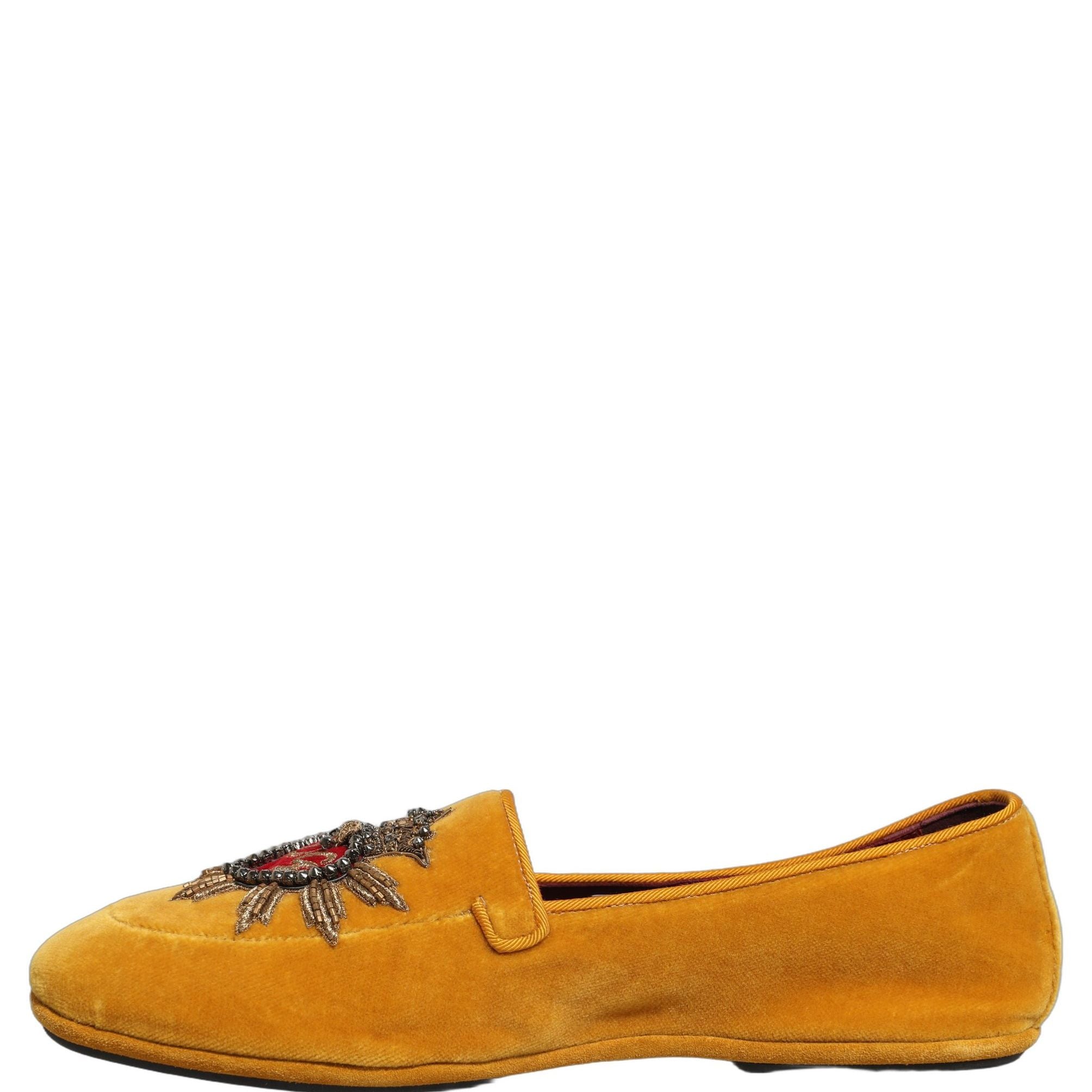 Dolce & Gabbana Yellow Velvet DG Heart Loafers Flats Shoes