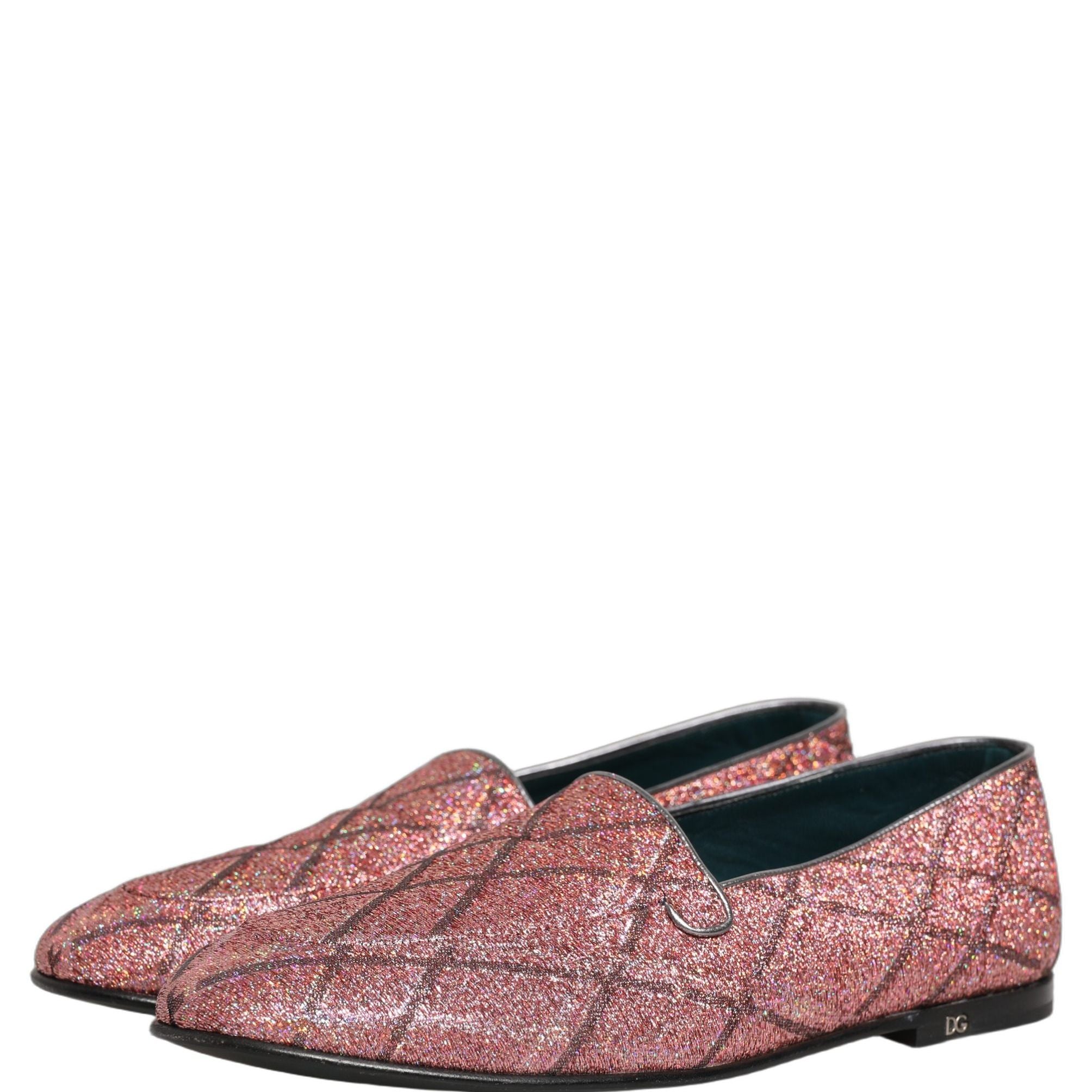 Dolce & Gabbana Pink Check Glitter Lurex Logo Loafers Shoes