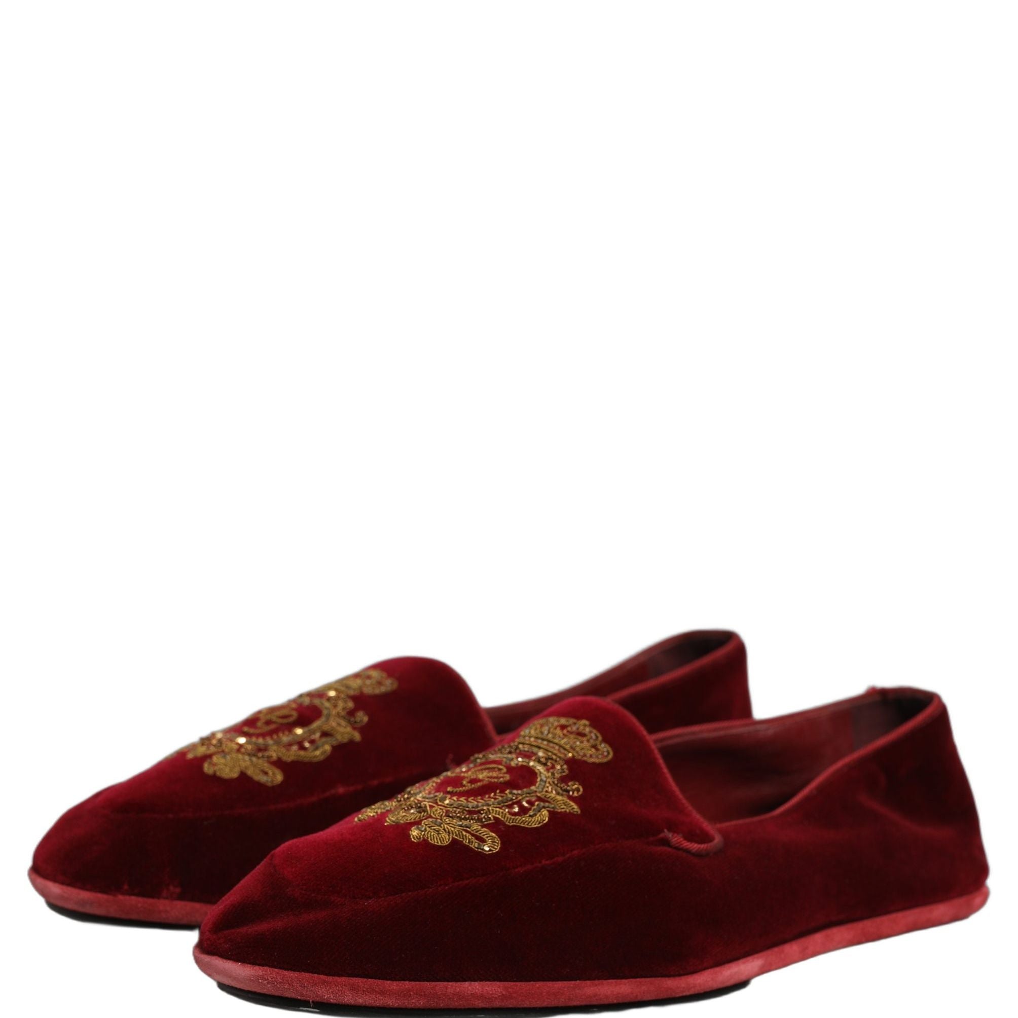 Dolce & Gabbana Maroon Velvet Crown Embroidery Loafers Shoes