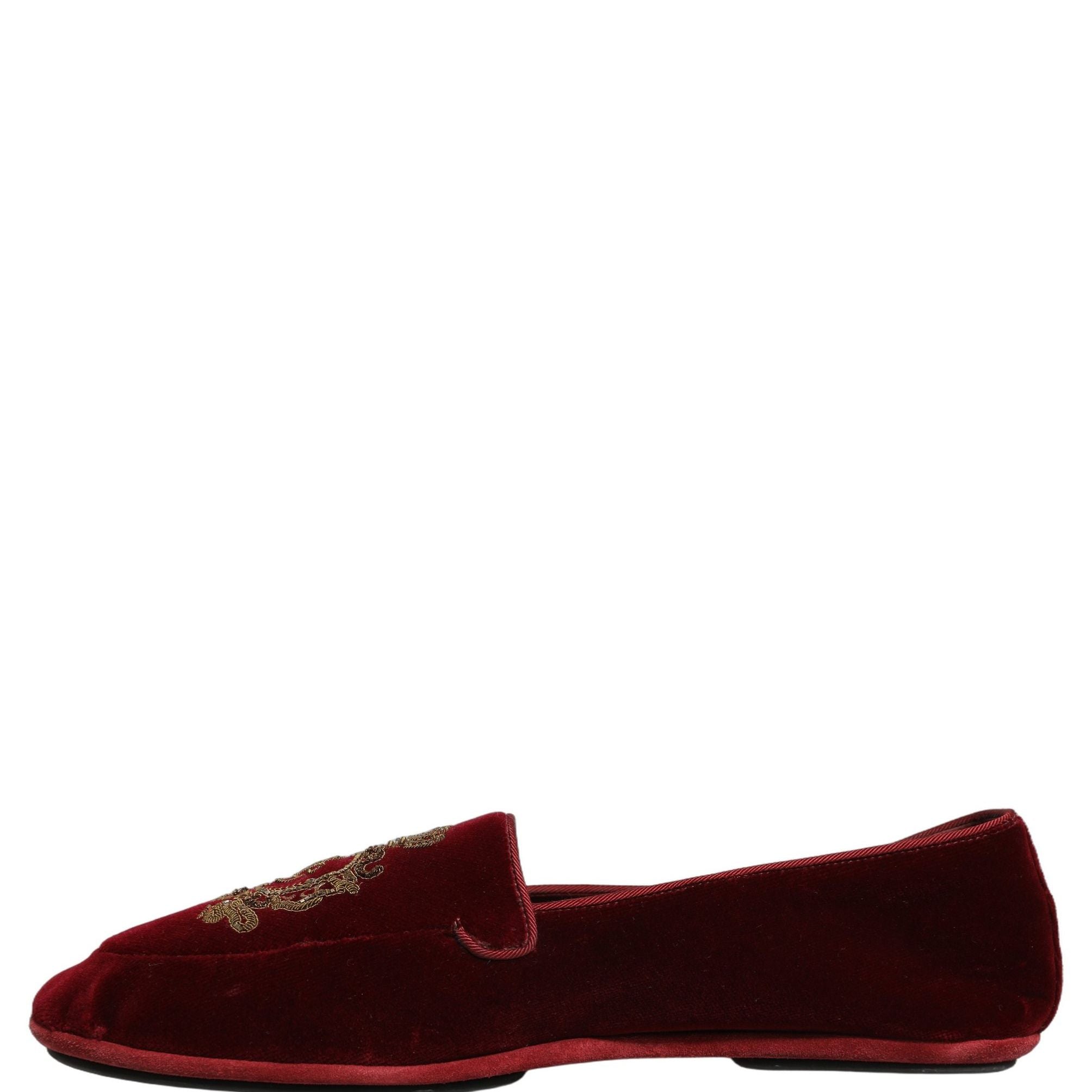 Dolce & Gabbana Maroon Velvet Crown Embroidery Loafers Shoes