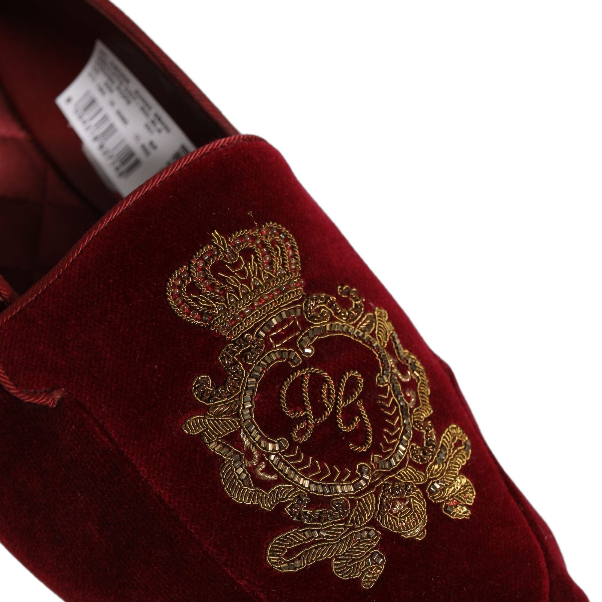 Dolce & Gabbana Maroon Velvet Crown Embroidery Loafers Shoes