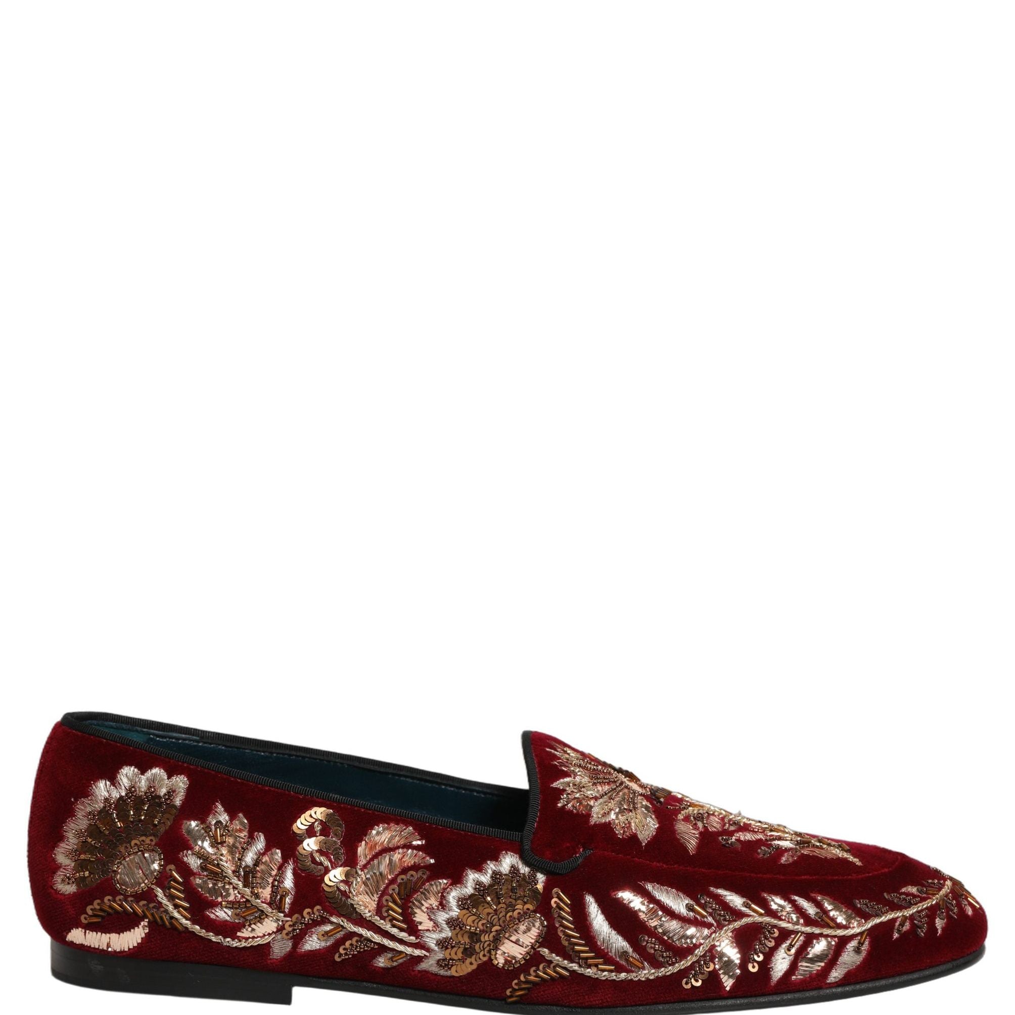 Dolce & Gabbana Red Velvet Floral Embroidery Loafers Shoes