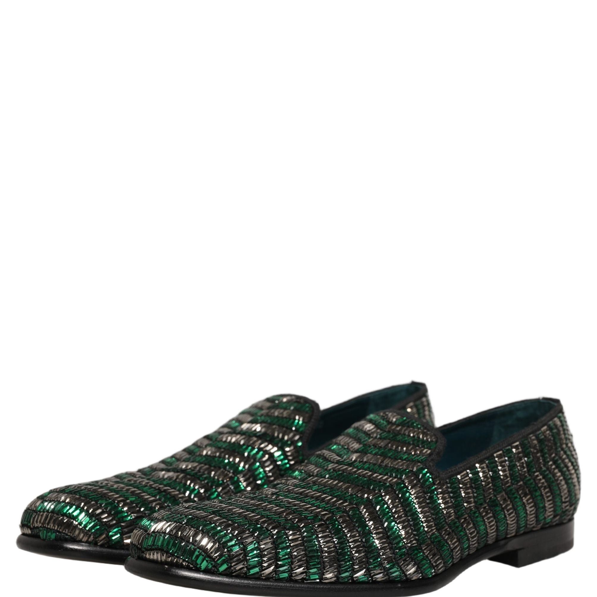 Dolce & Gabbana Silver Green Embellished Dress Loafers Shoes