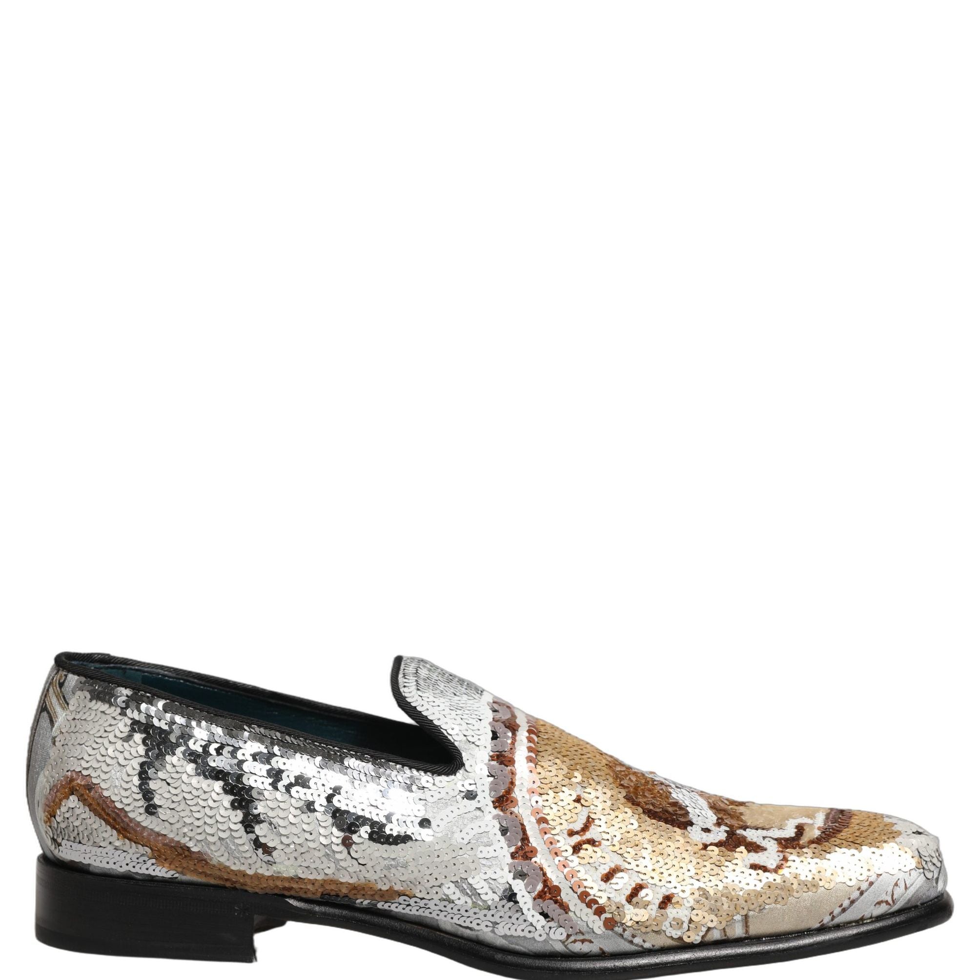 Dolce & Gabbana White Gold Sequined Slip On Loafers Shoes