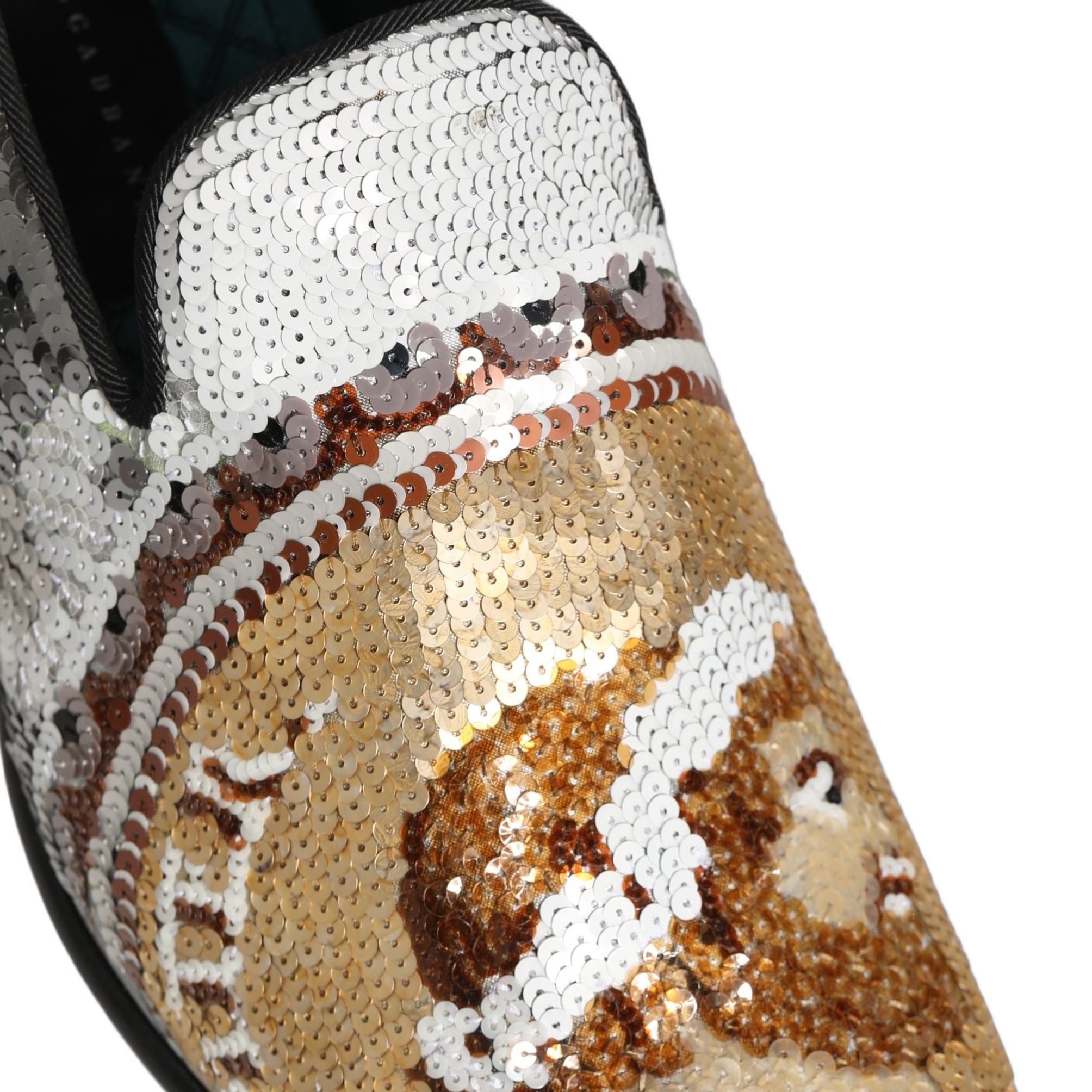 Dolce & Gabbana White Gold Sequined Slip On Loafers Shoes