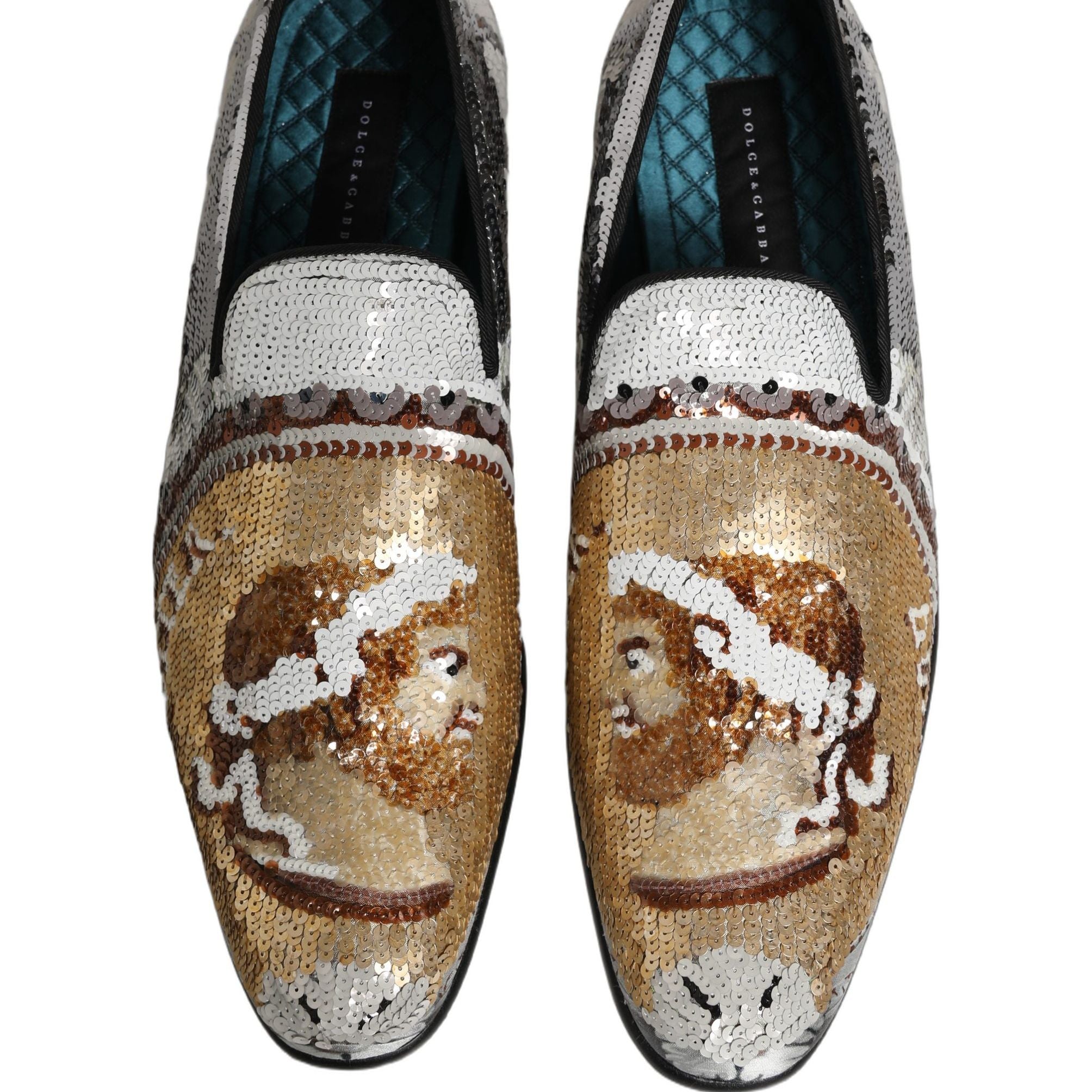 Dolce & Gabbana White Gold Sequined Slip On Loafers Shoes