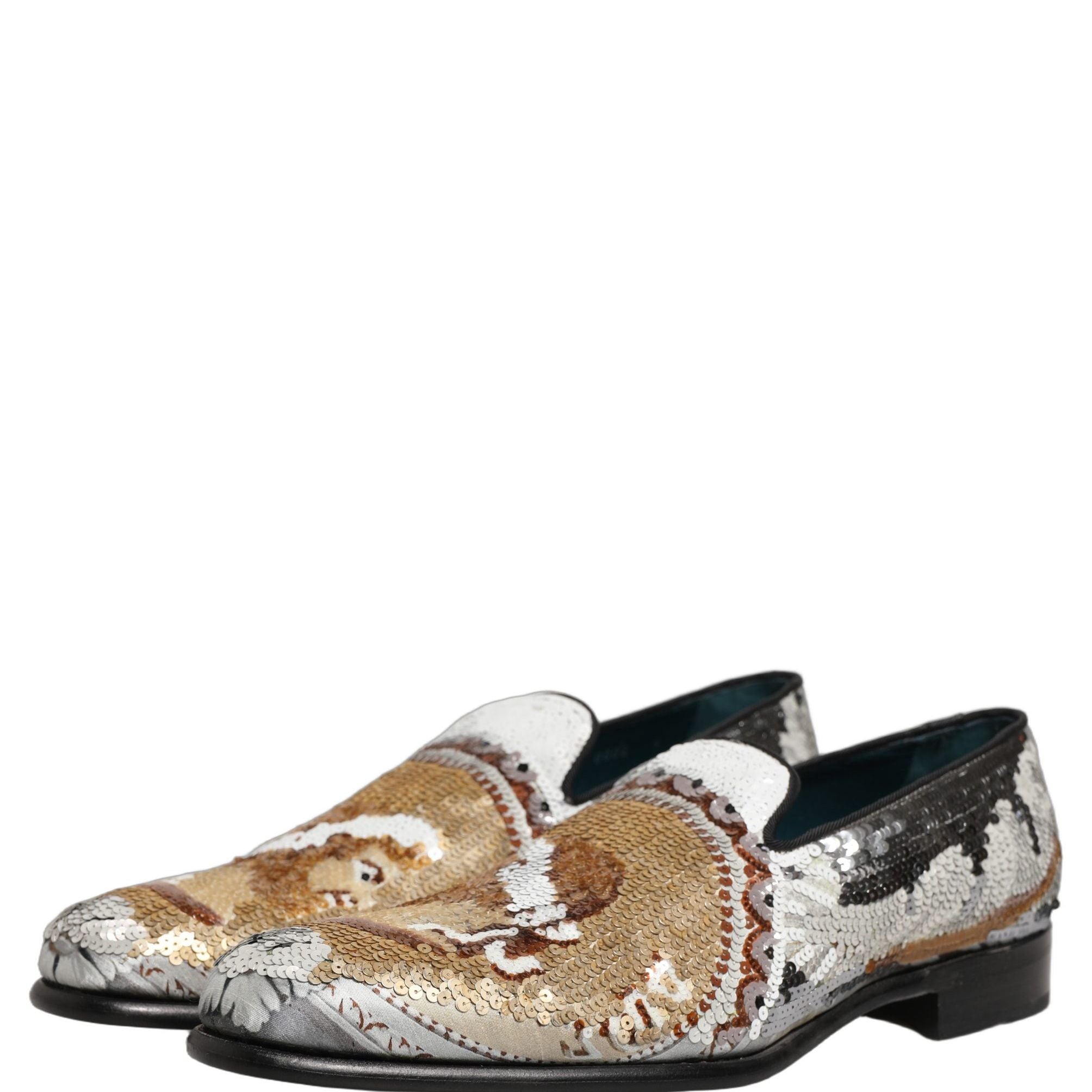 Dolce & Gabbana White Gold Sequined Slip On Loafers Shoes