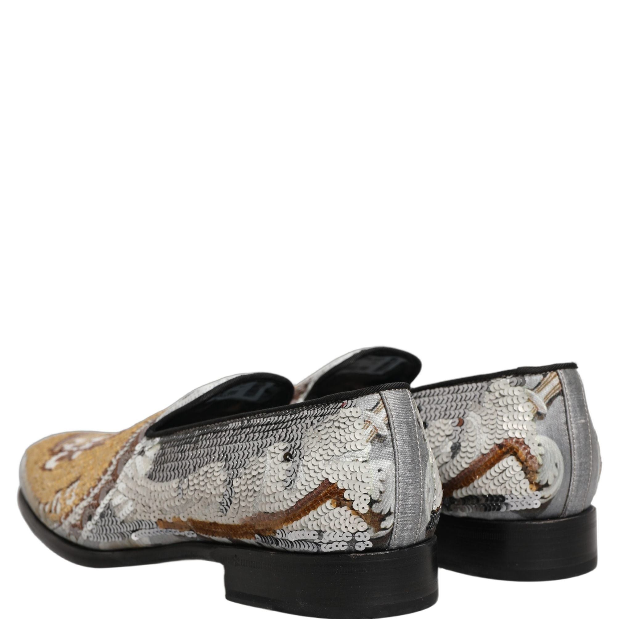 Dolce & Gabbana White Gold Sequined Slip On Loafers Shoes