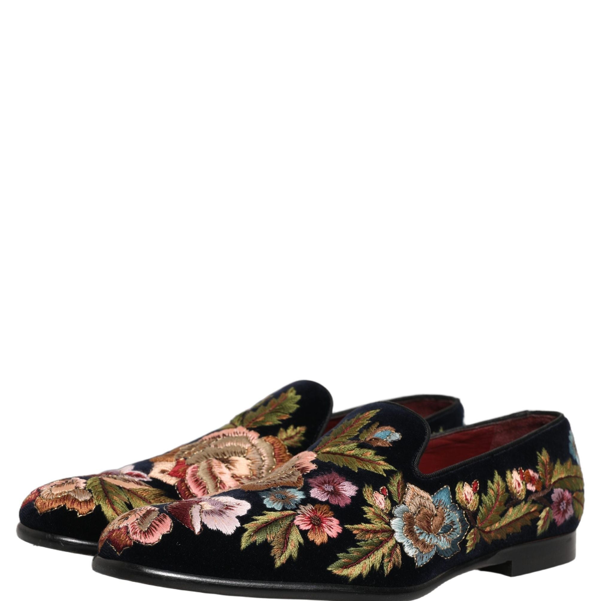 Dolce & Gabbana Black Velvet Floral Embroidery Loafers Shoes