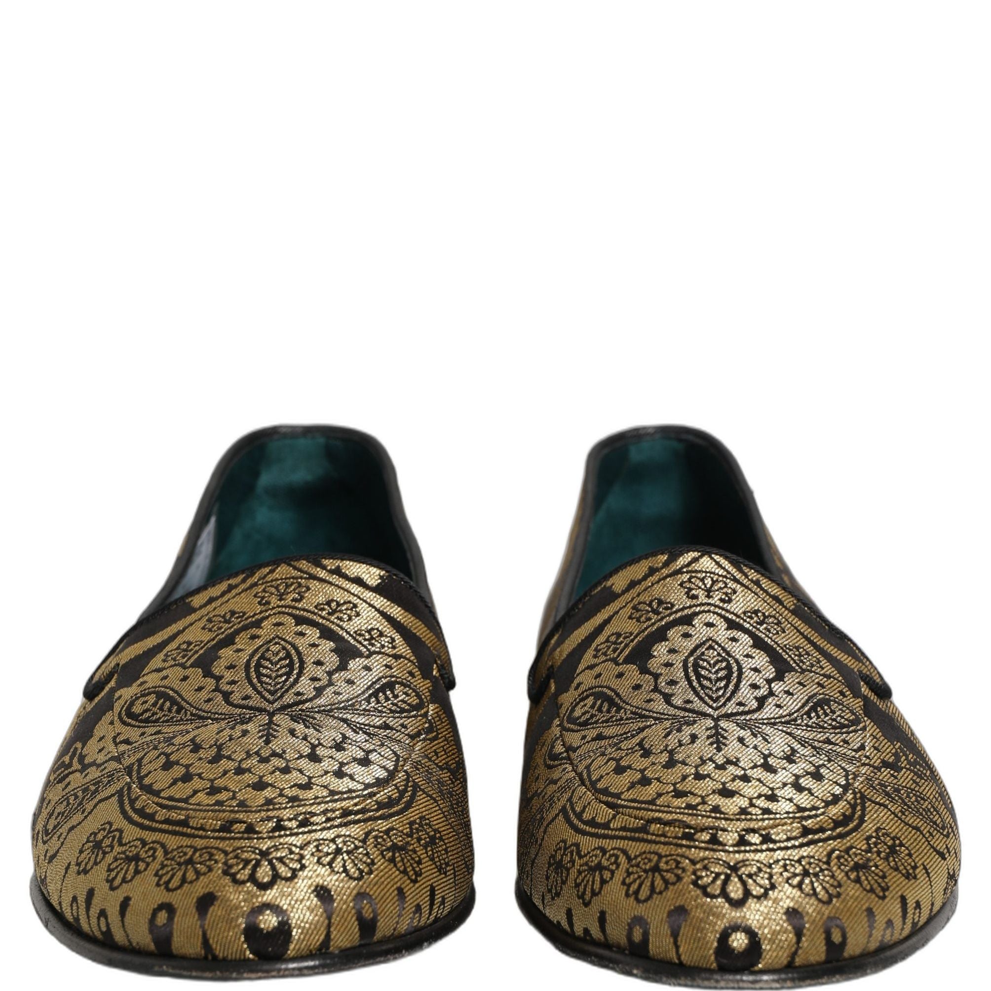 Dolce & Gabbana Gold Jacquard Leather Slip On Loafers Shoes