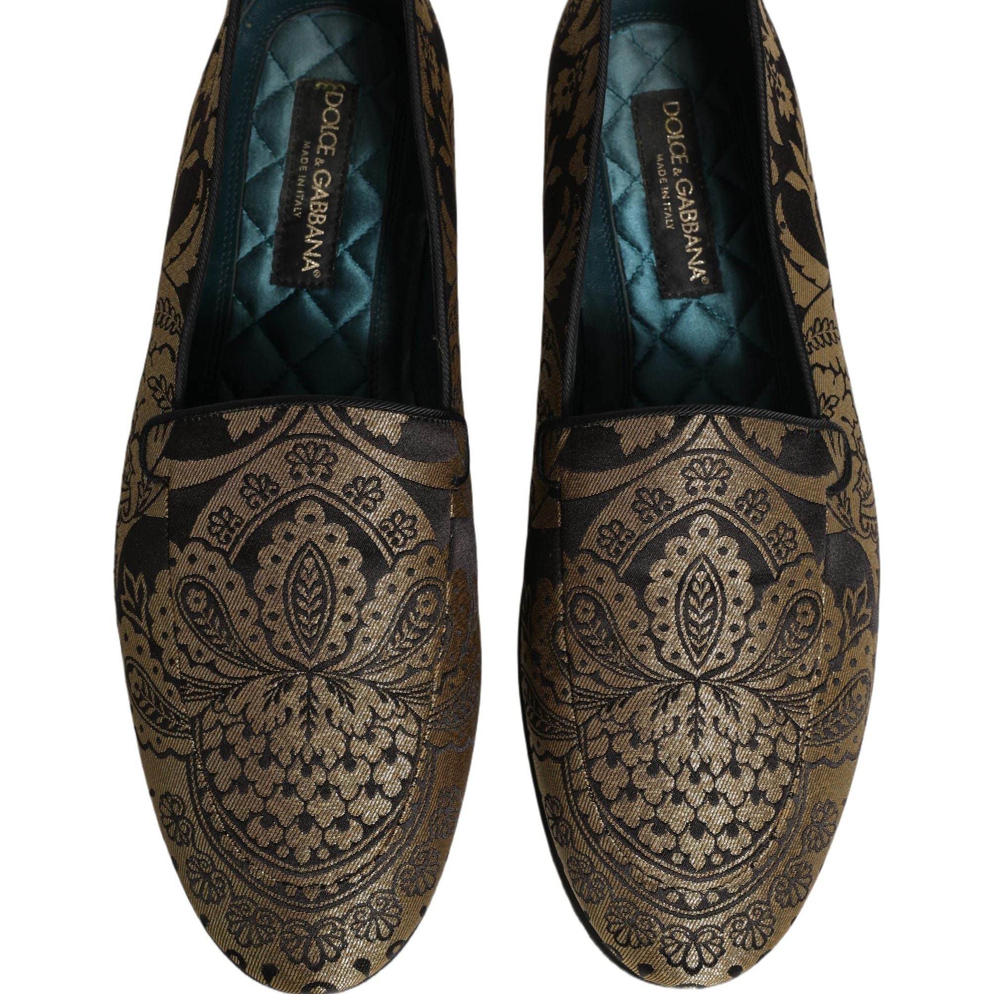 Dolce & Gabbana Gold Jacquard Leather Slip On Loafers Shoes