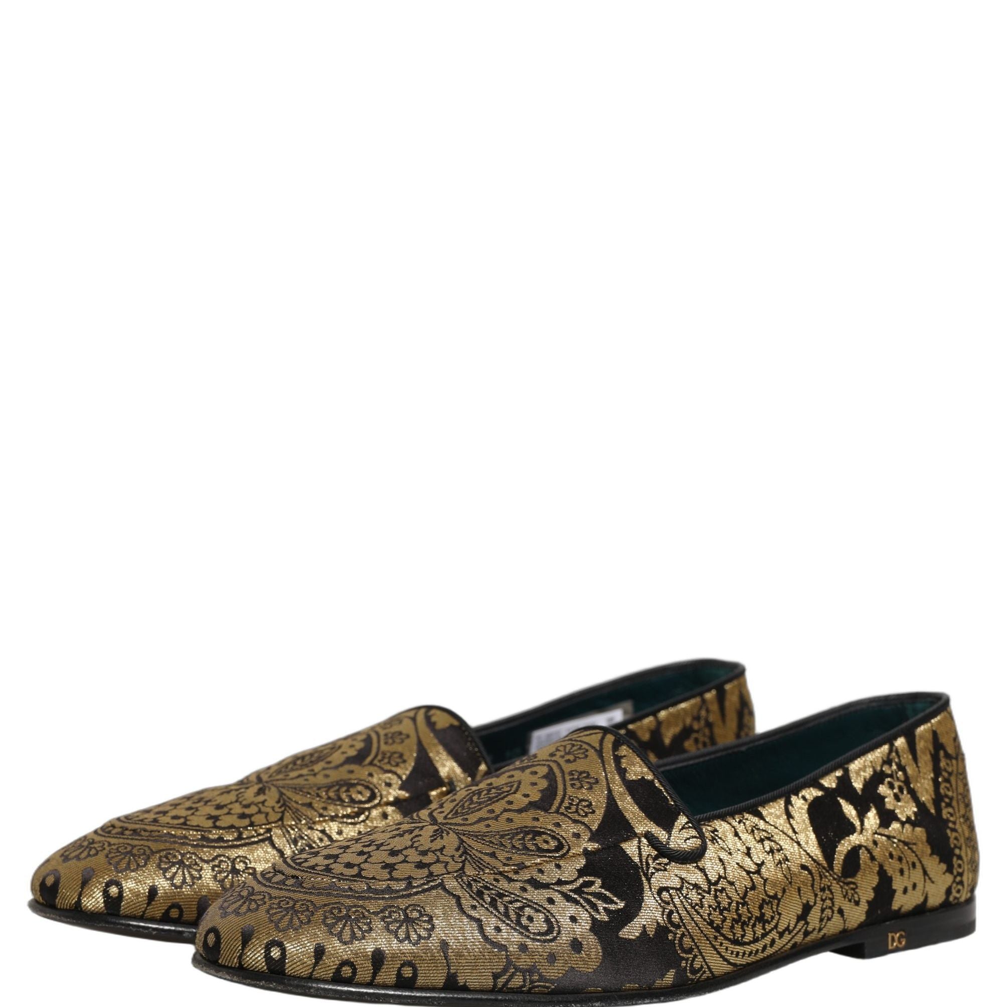 Dolce & Gabbana Gold Jacquard Leather Slip On Loafers Shoes
