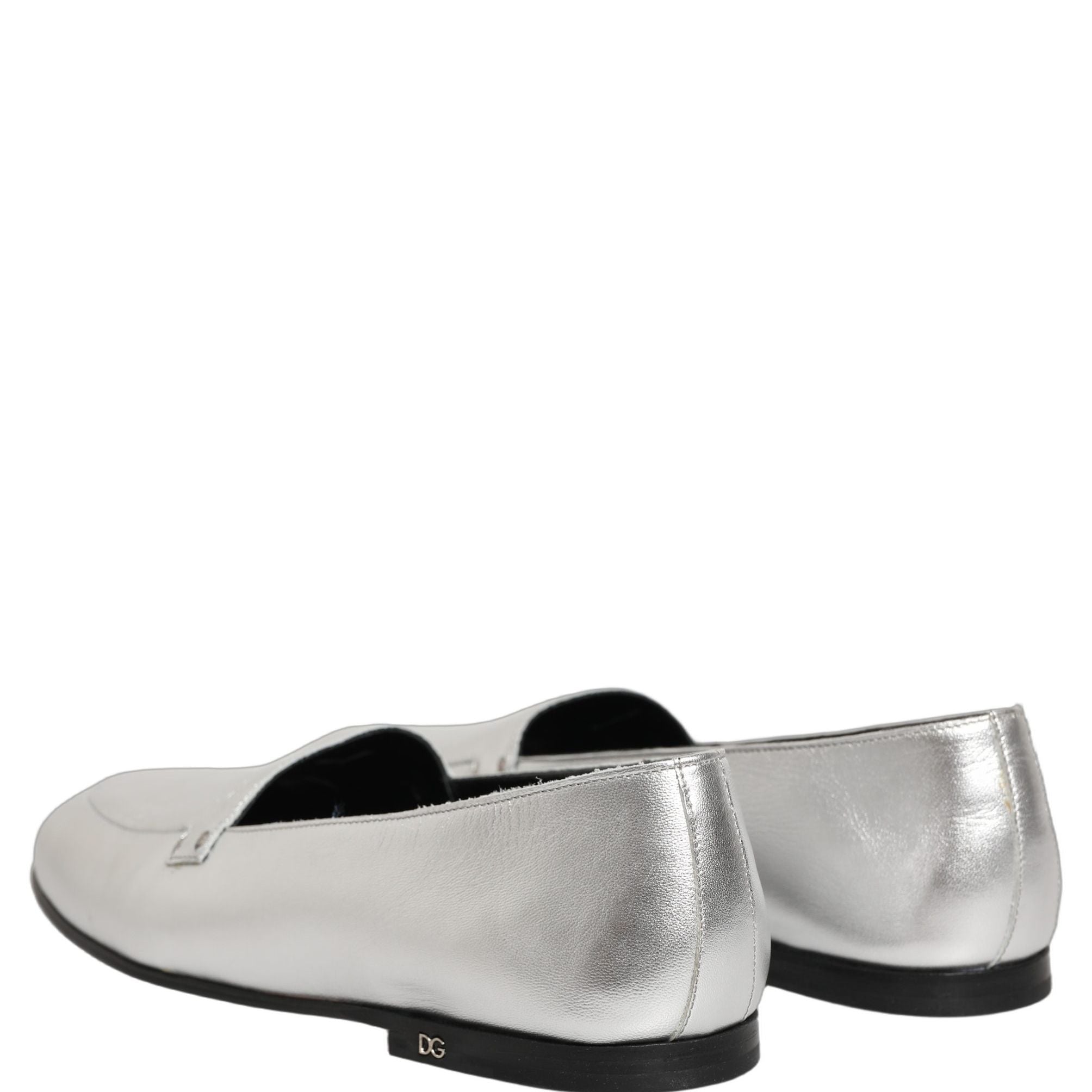 Dolce & Gabbana Silver Leather DG Logo Slip On Loafers Shoes
