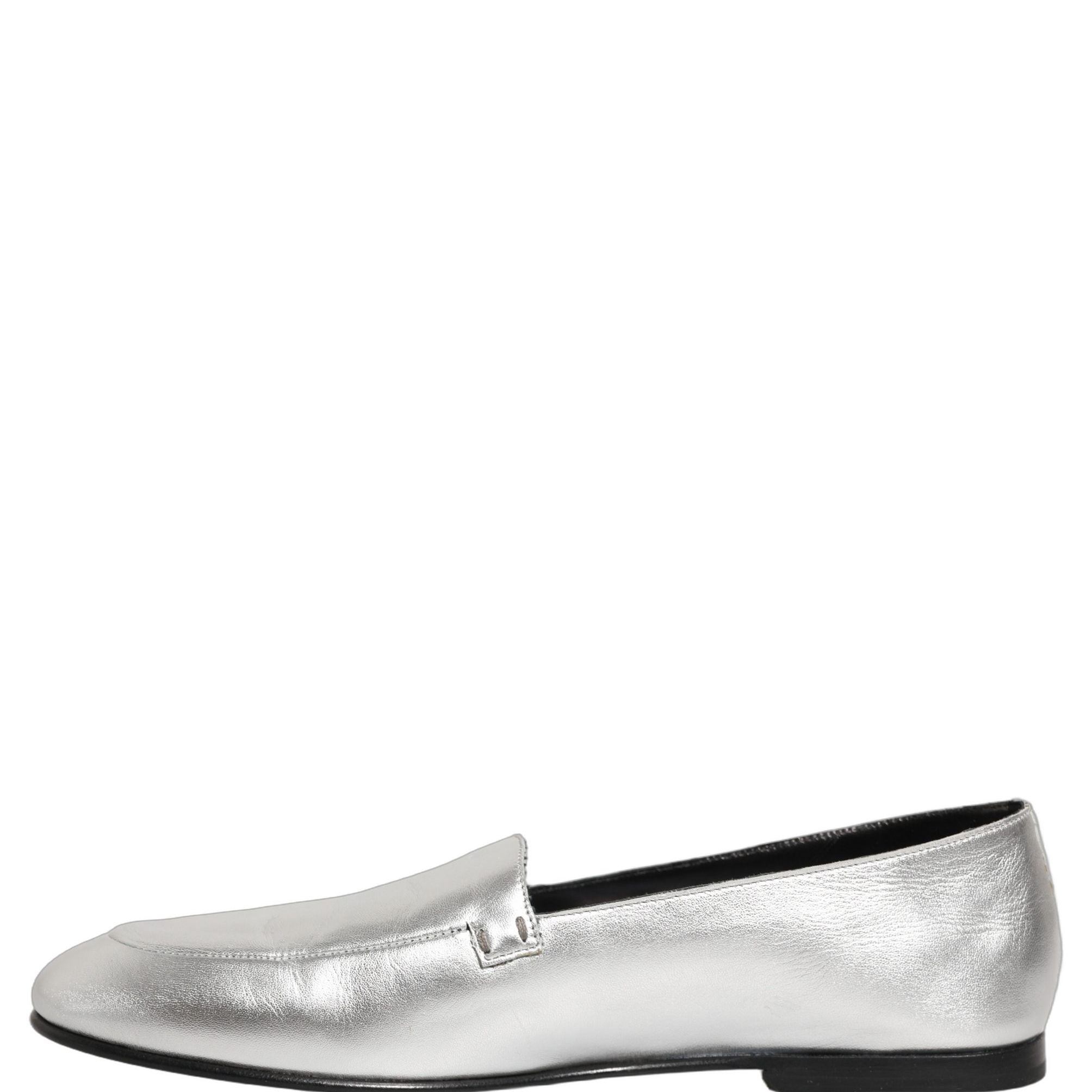 Dolce & Gabbana Silver Leather DG Logo Slip On Loafers Shoes