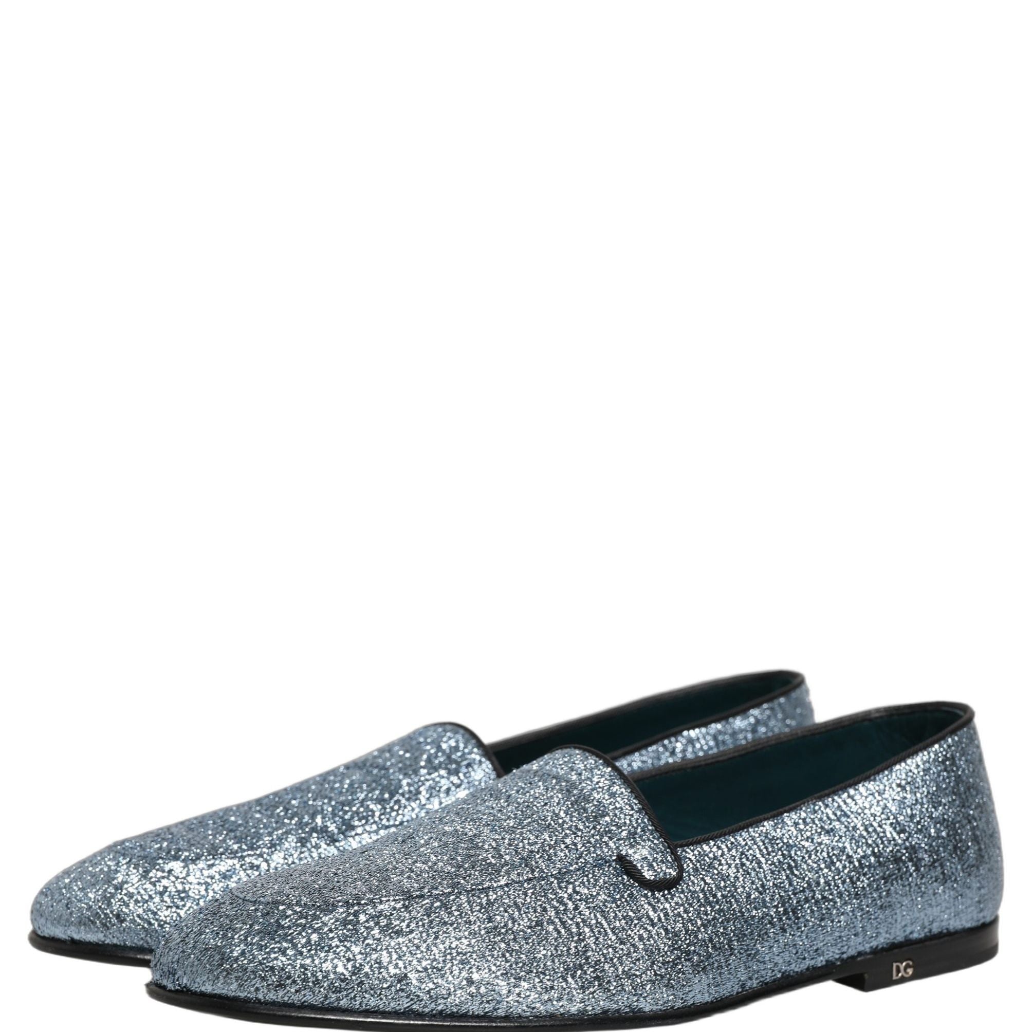 Dolce & Gabbana Blue Glitter Lurex DG Logo Dress Loafers Shoes