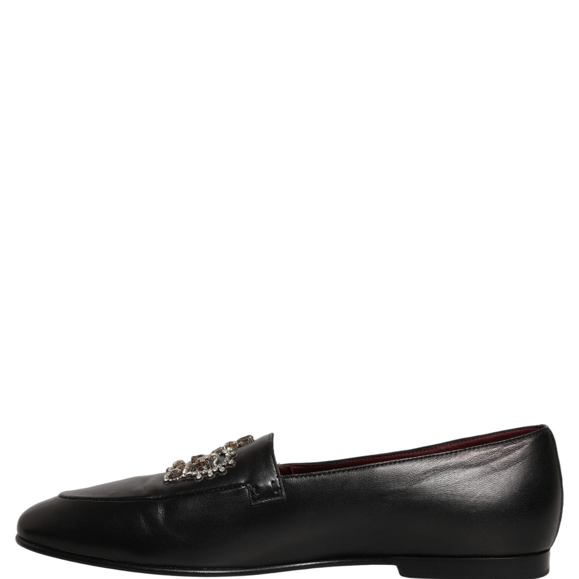 Dolce & Gabbana Black Leather Crown Embellished Loafers Shoes