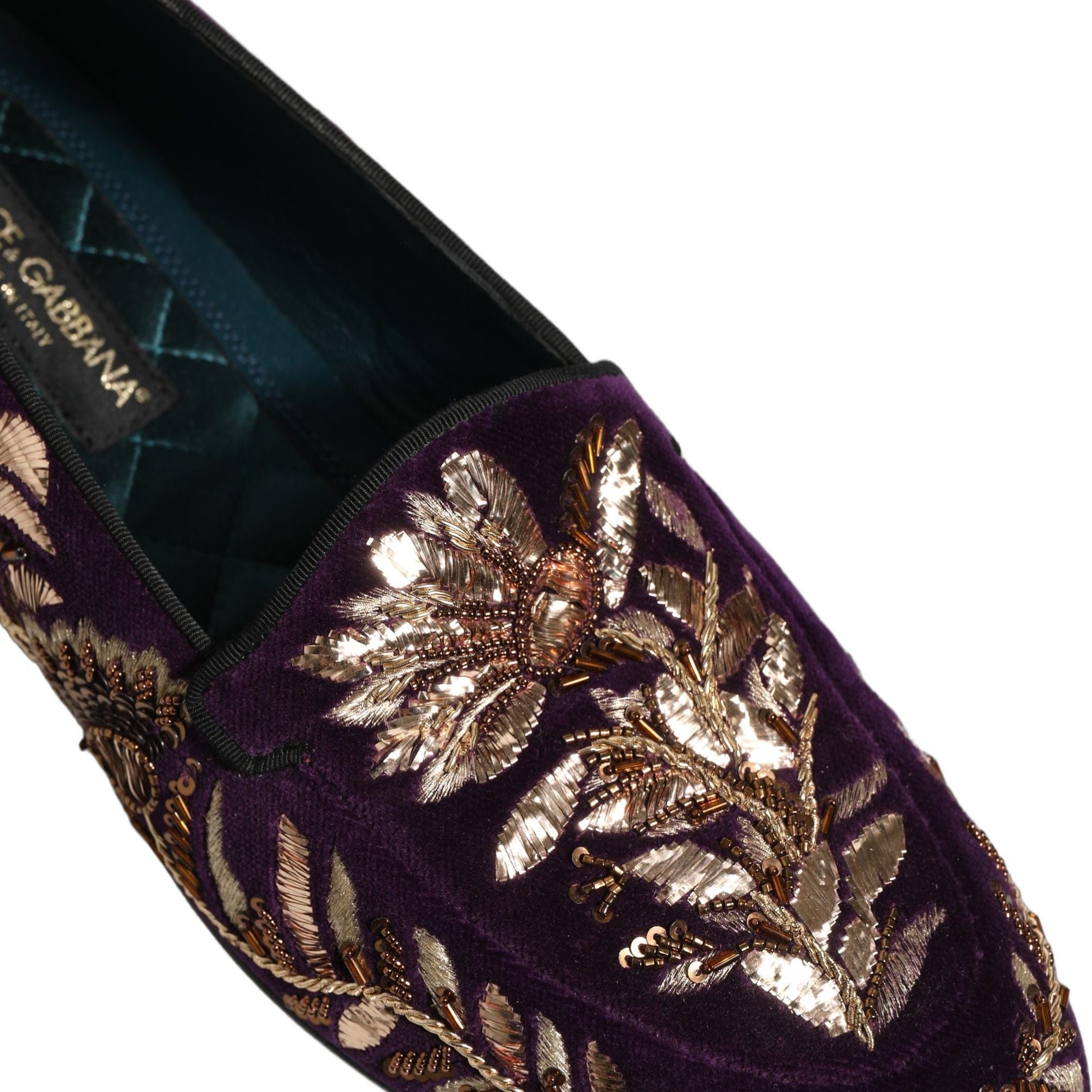 Dolce & Gabbana Violet Velvet Floral Embroidery Loafers Shoes