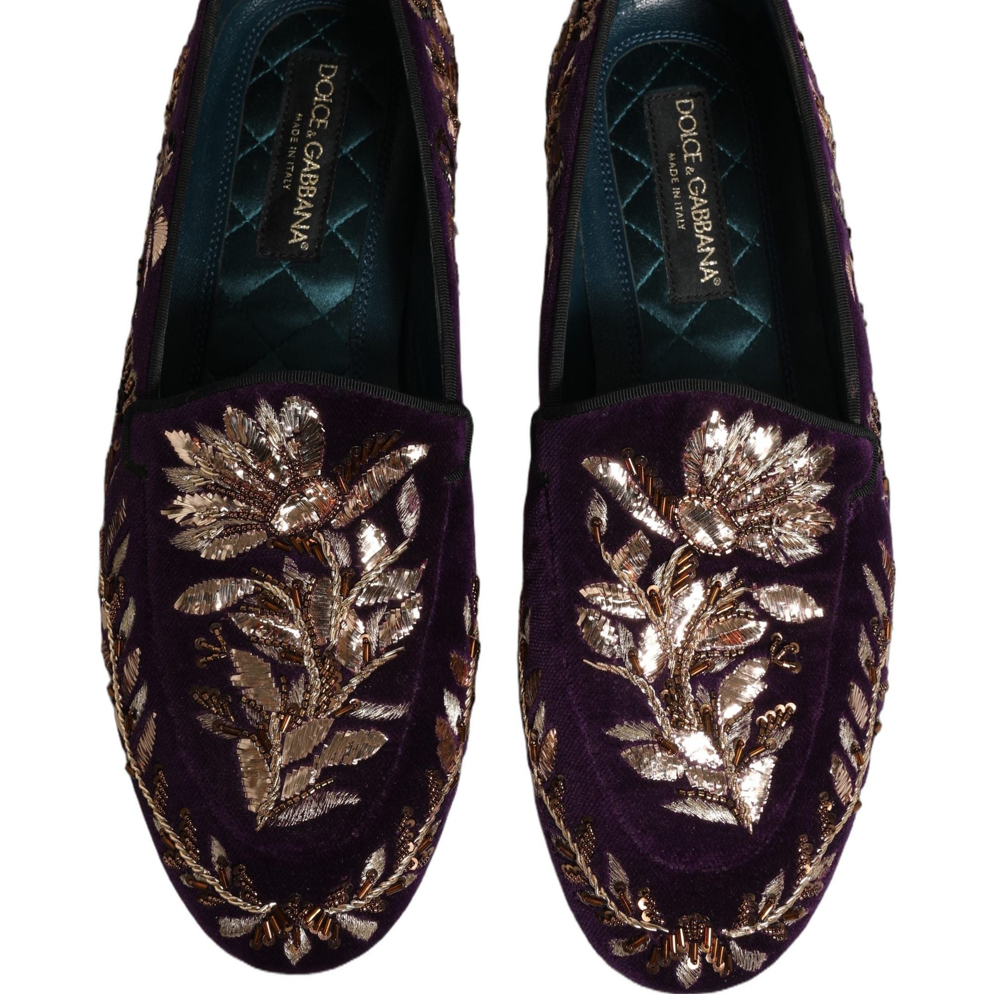 Dolce & Gabbana Violet Velvet Floral Embroidery Loafers Shoes