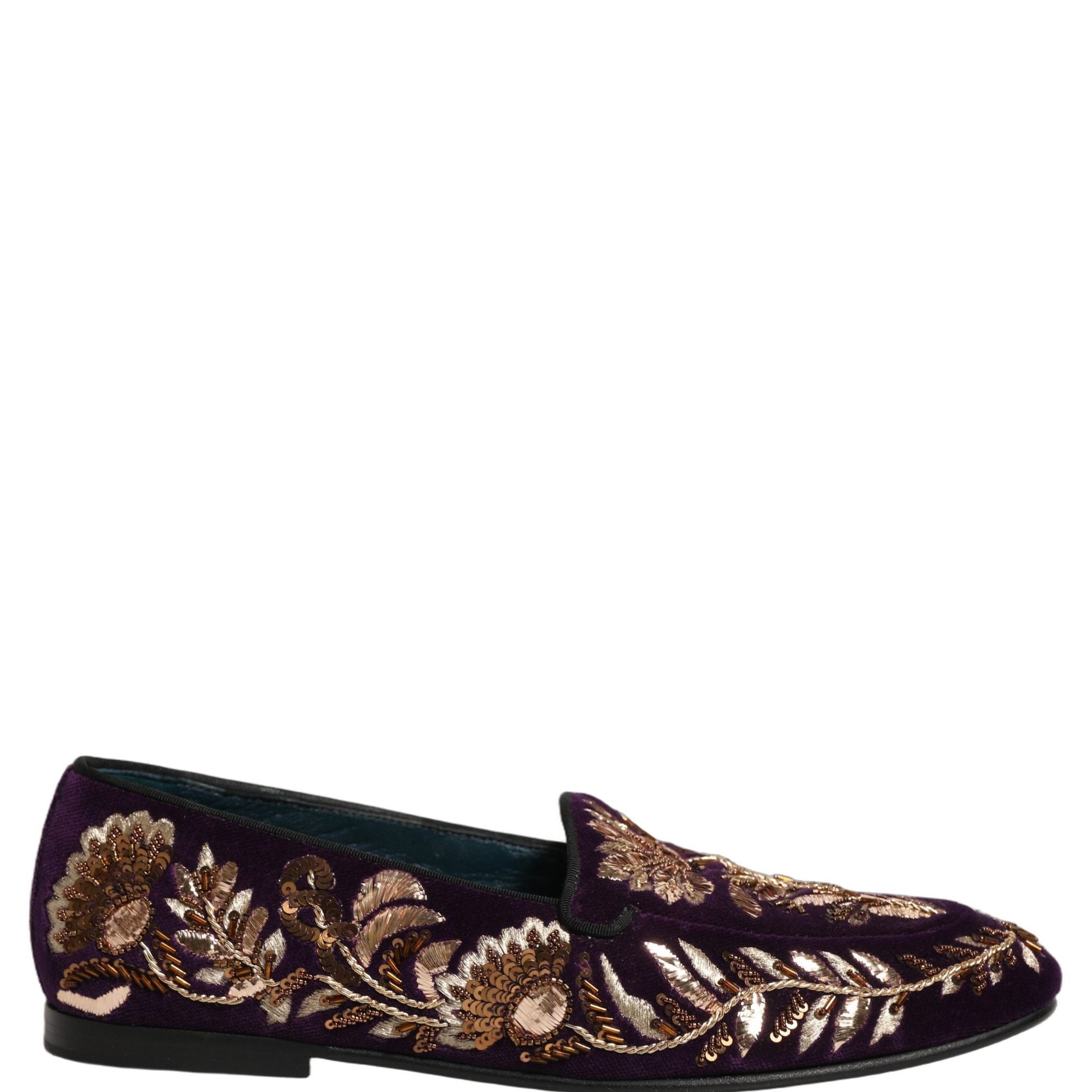 Dolce & Gabbana Violet Velvet Floral Embroidery Loafers Shoes