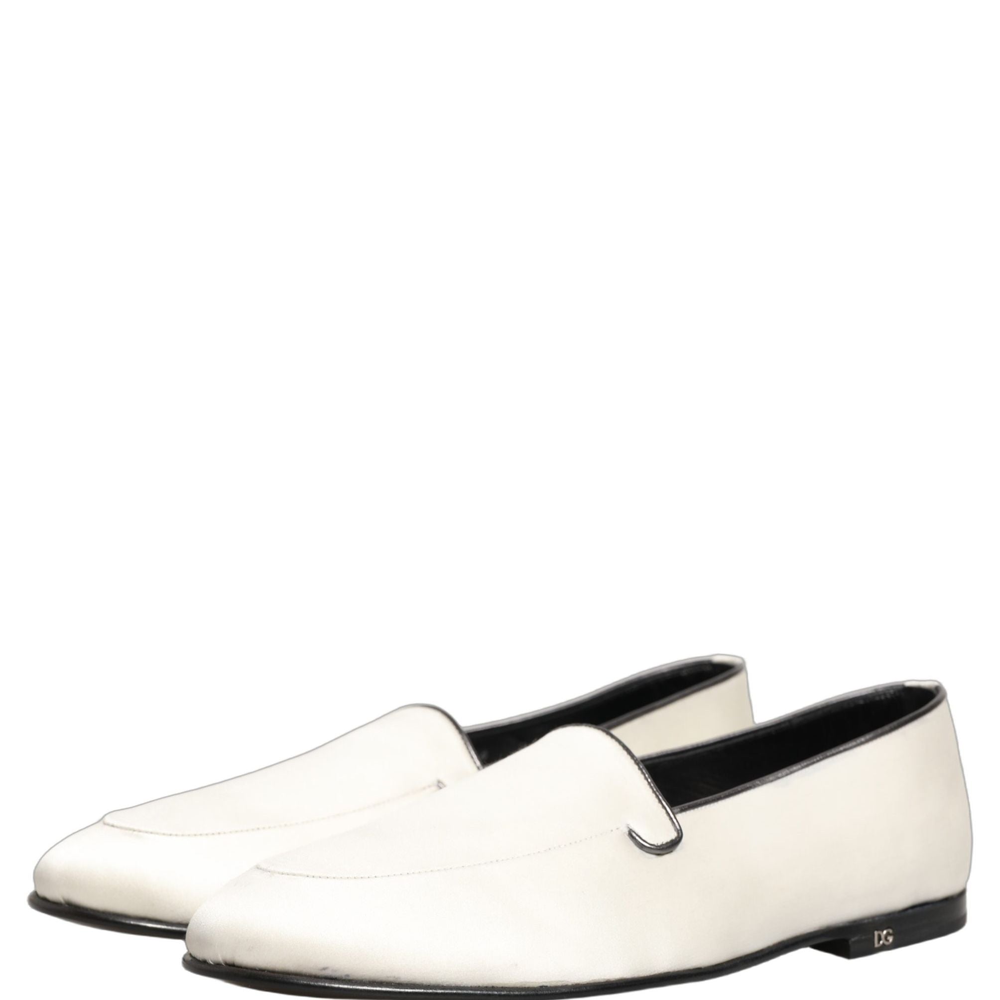 Dolce & Gabbana White Satin Logo Slip On Flats Loafers Shoes