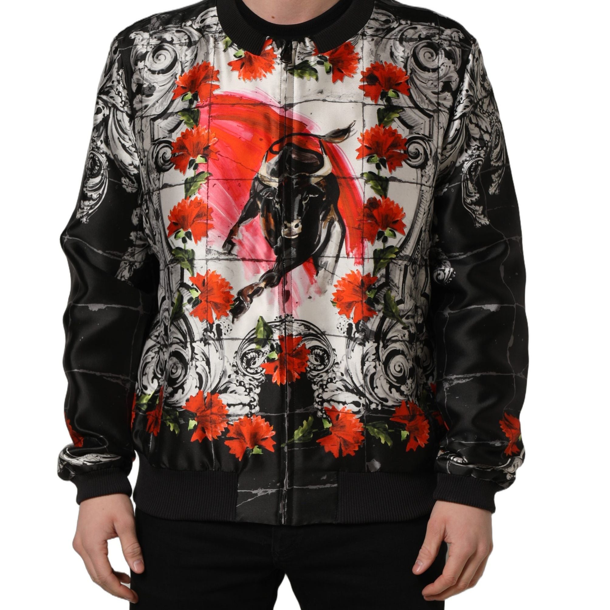 Dolce & Gabbana Multicolor Majolica Bull Print Bomber Jacket