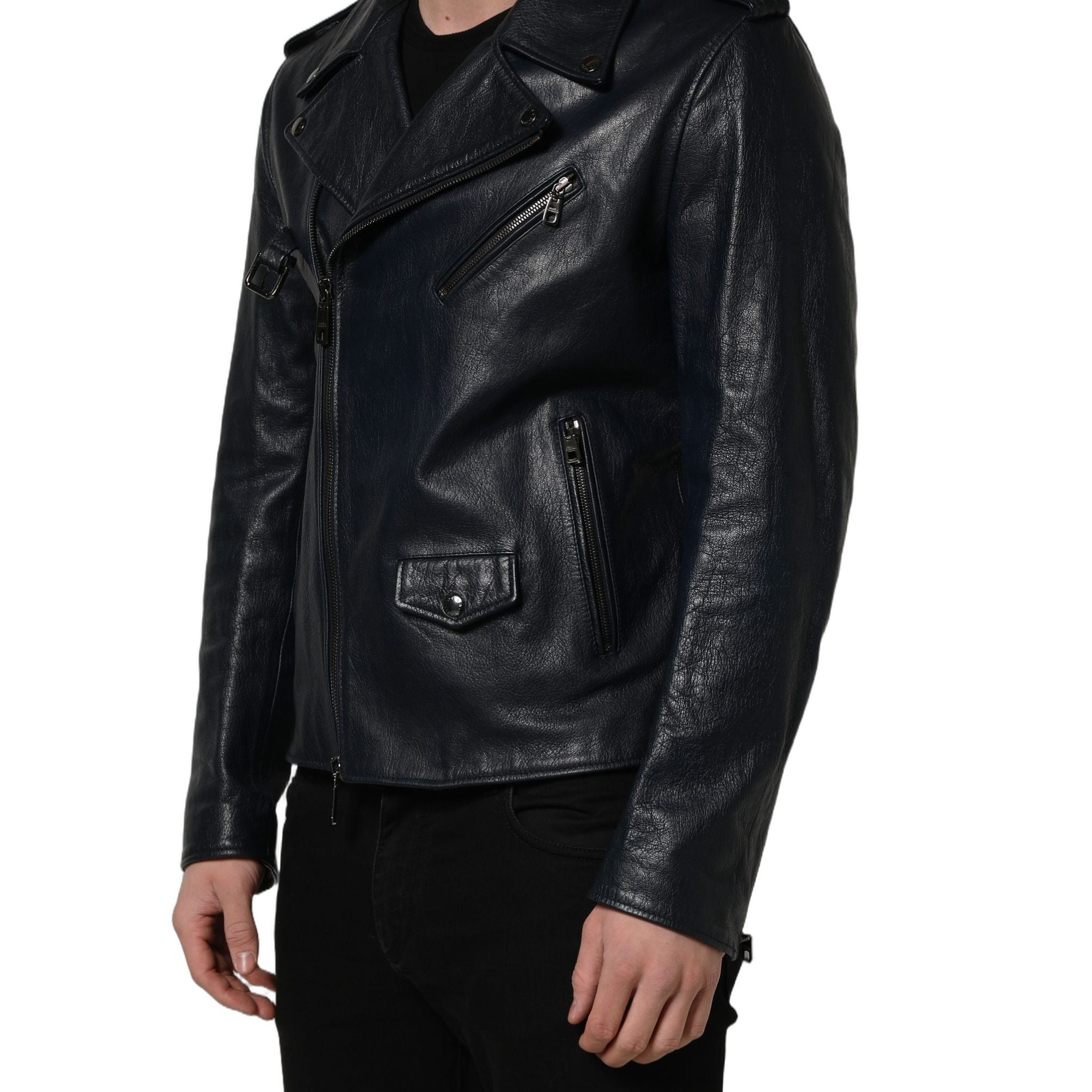 Dolce & Gabbana Black Leather Men Biker Coat Goatskin Jacket