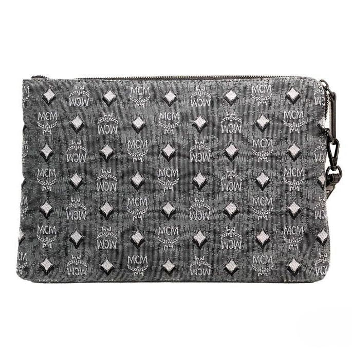 MCM Veritas Medium Dark Grey Denim Monogram Logo Canvas Clutch Pouch Handbag