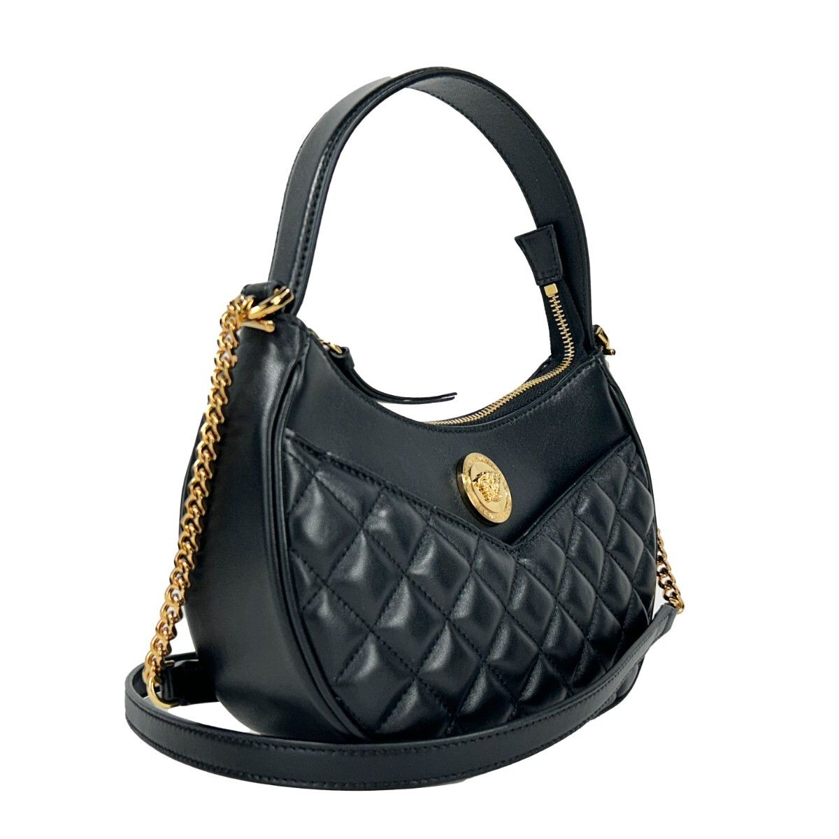 Versace Quilted Black Leather Half Moon Chain Crossbody Bag