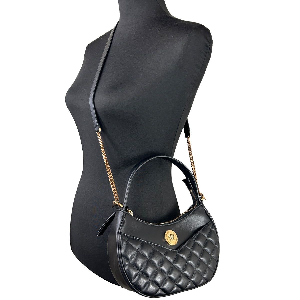 Versace Quilted Black Leather Half Moon Chain Crossbody Bag