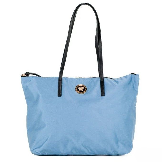 Versace Portuna Medusa Medium Cornflower Blue Nylon Leather Tote Bag Purse