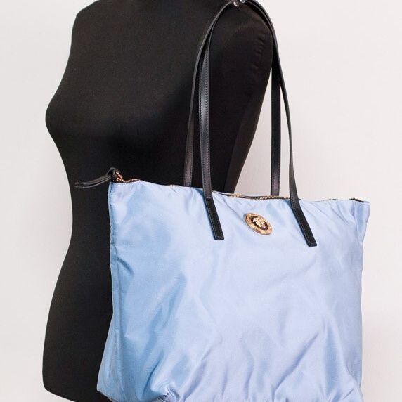 Versace Portuna Medusa Medium Cornflower Blue Nylon Leather Tote Bag Purse