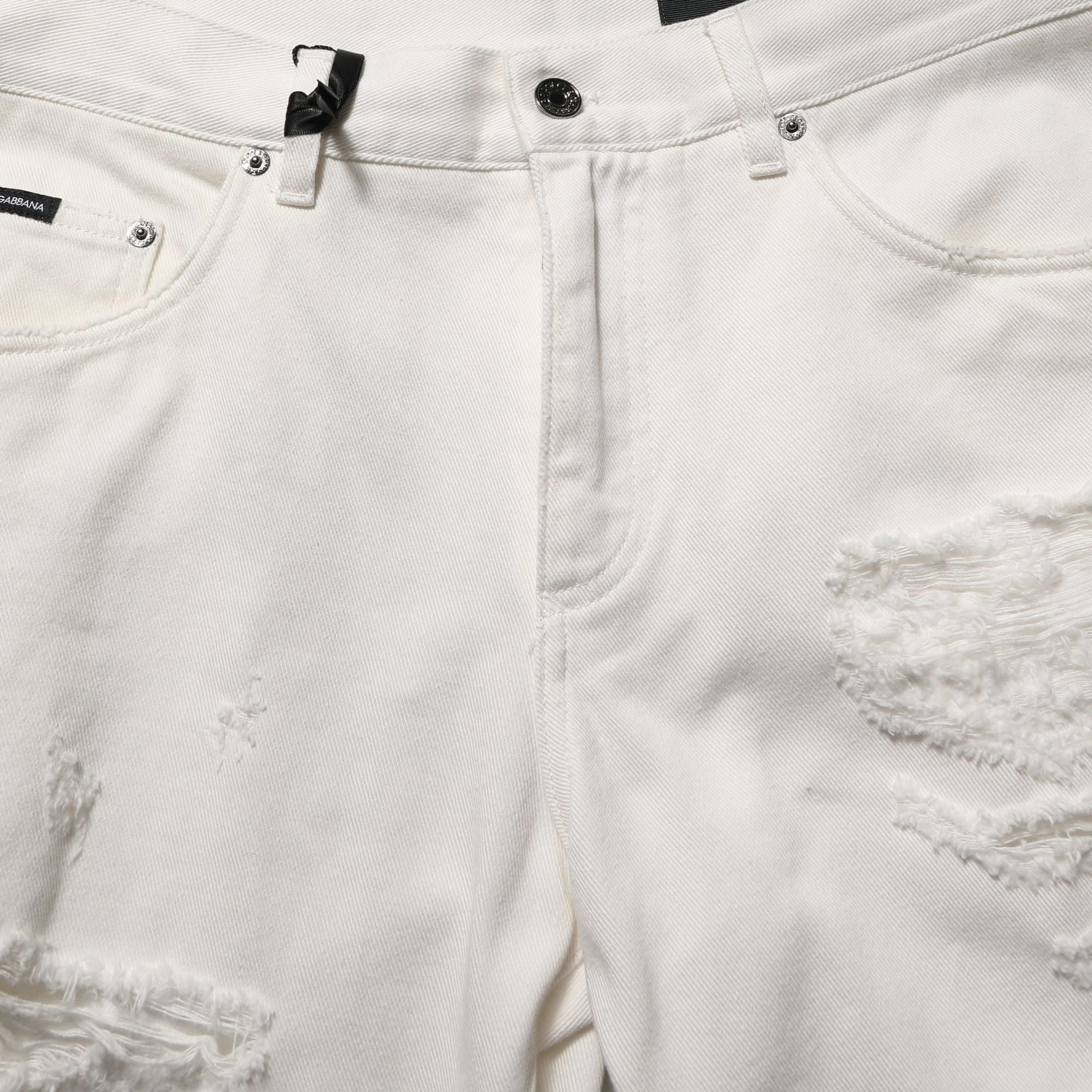 Dolce & Gabbana White Cotton Distressed Straight Denim Jeans
