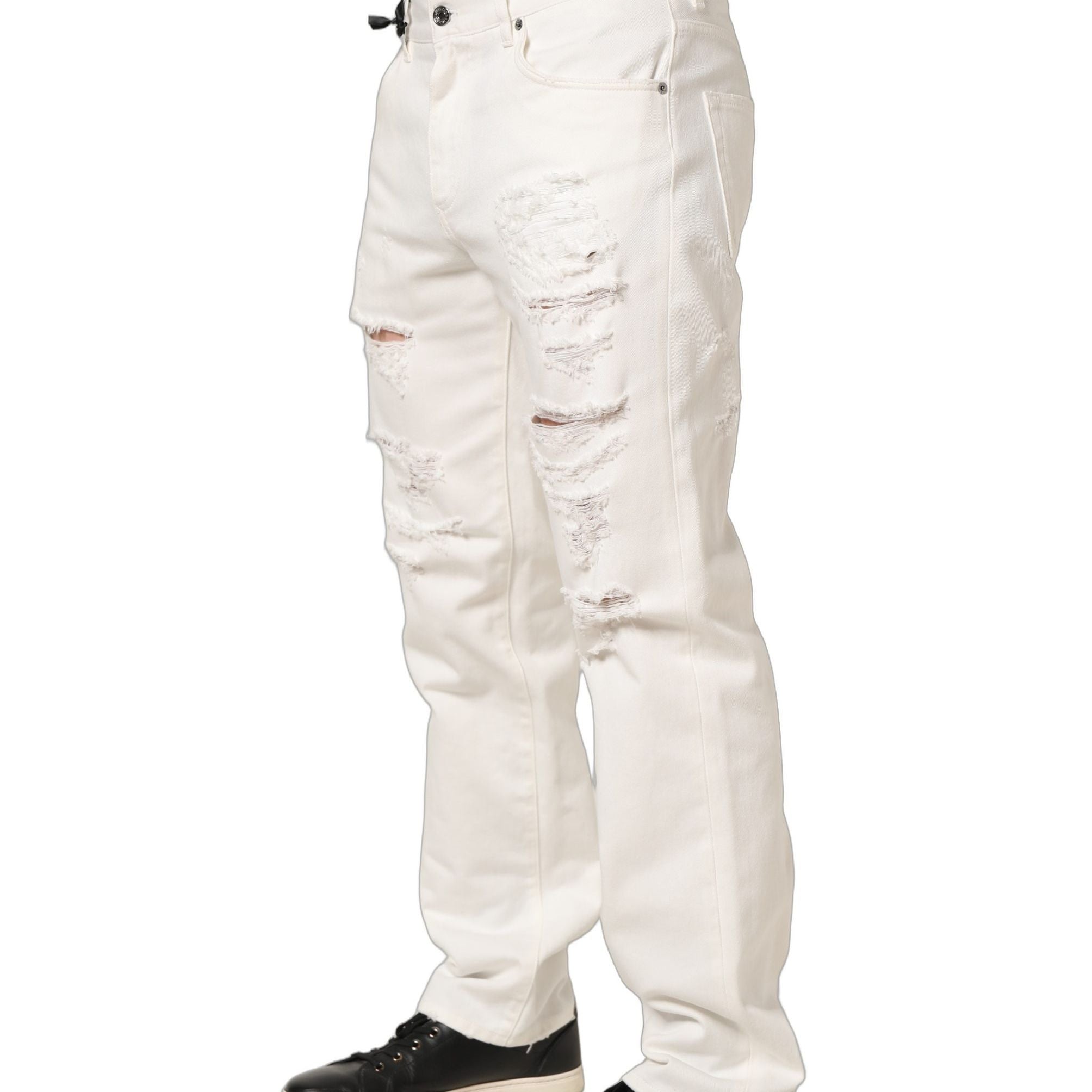 Dolce & Gabbana White Cotton Distressed Straight Denim Jeans