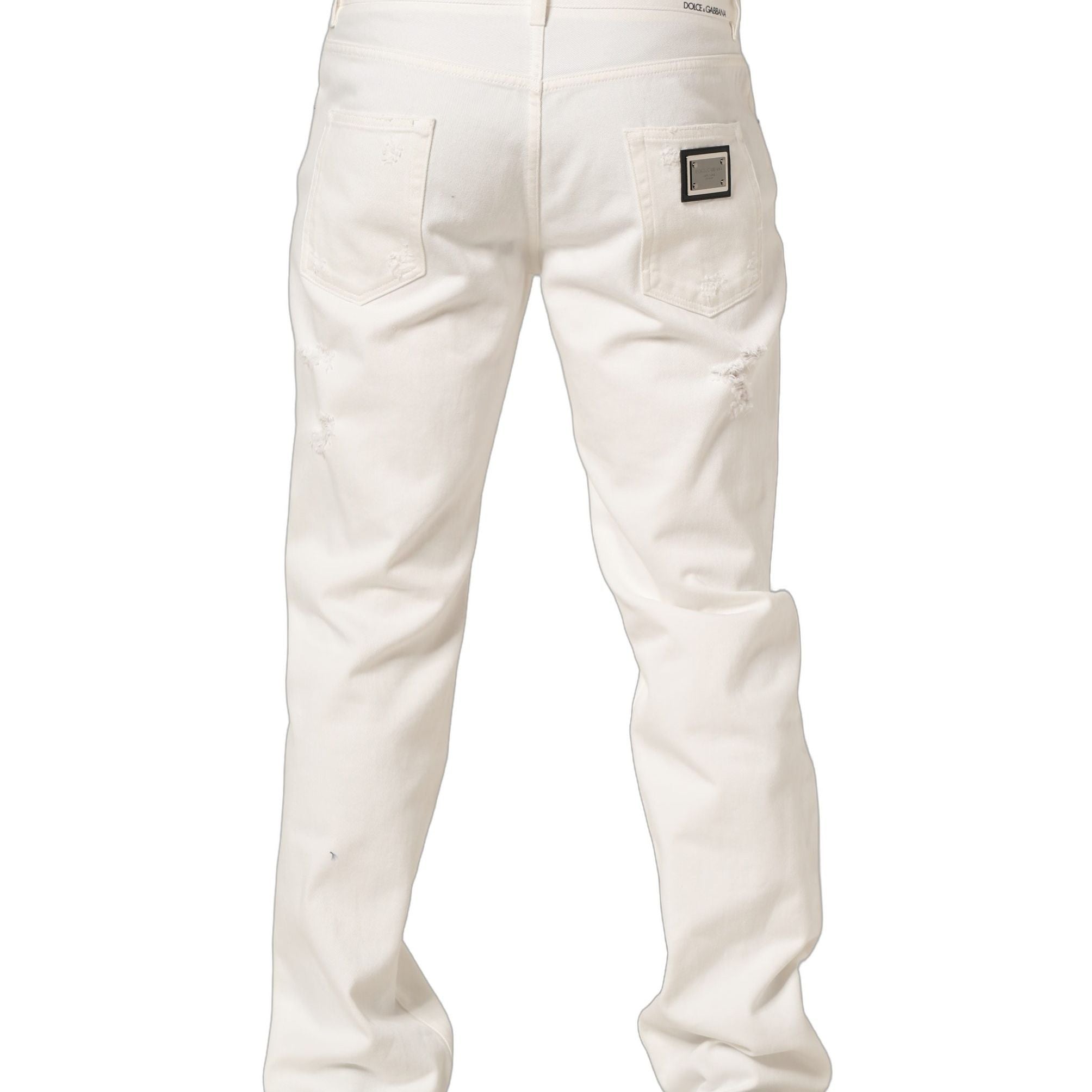 Dolce & Gabbana White Cotton Distressed Straight Denim Jeans