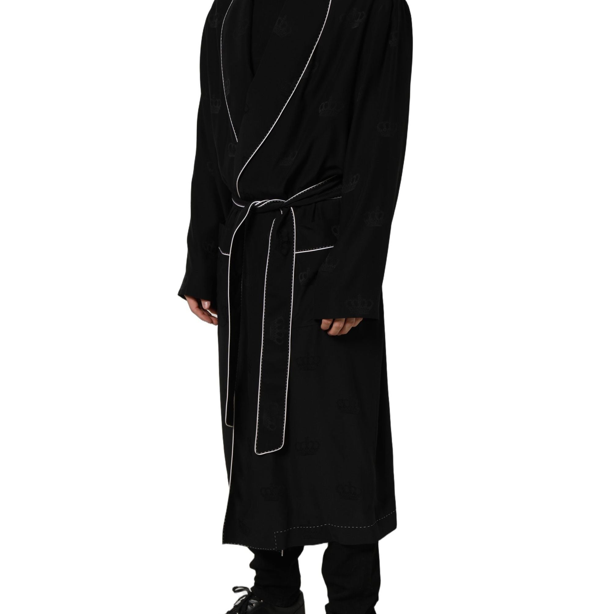 Dolce & Gabbana Black 100% Silk Robe Men Wrap Coat Jacket