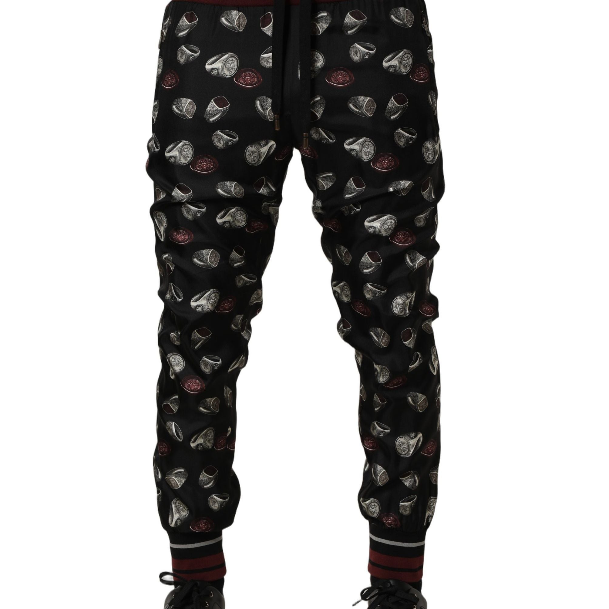 Dolce & Gabbana Pants Black Ring Print Silk Jogging Trousers