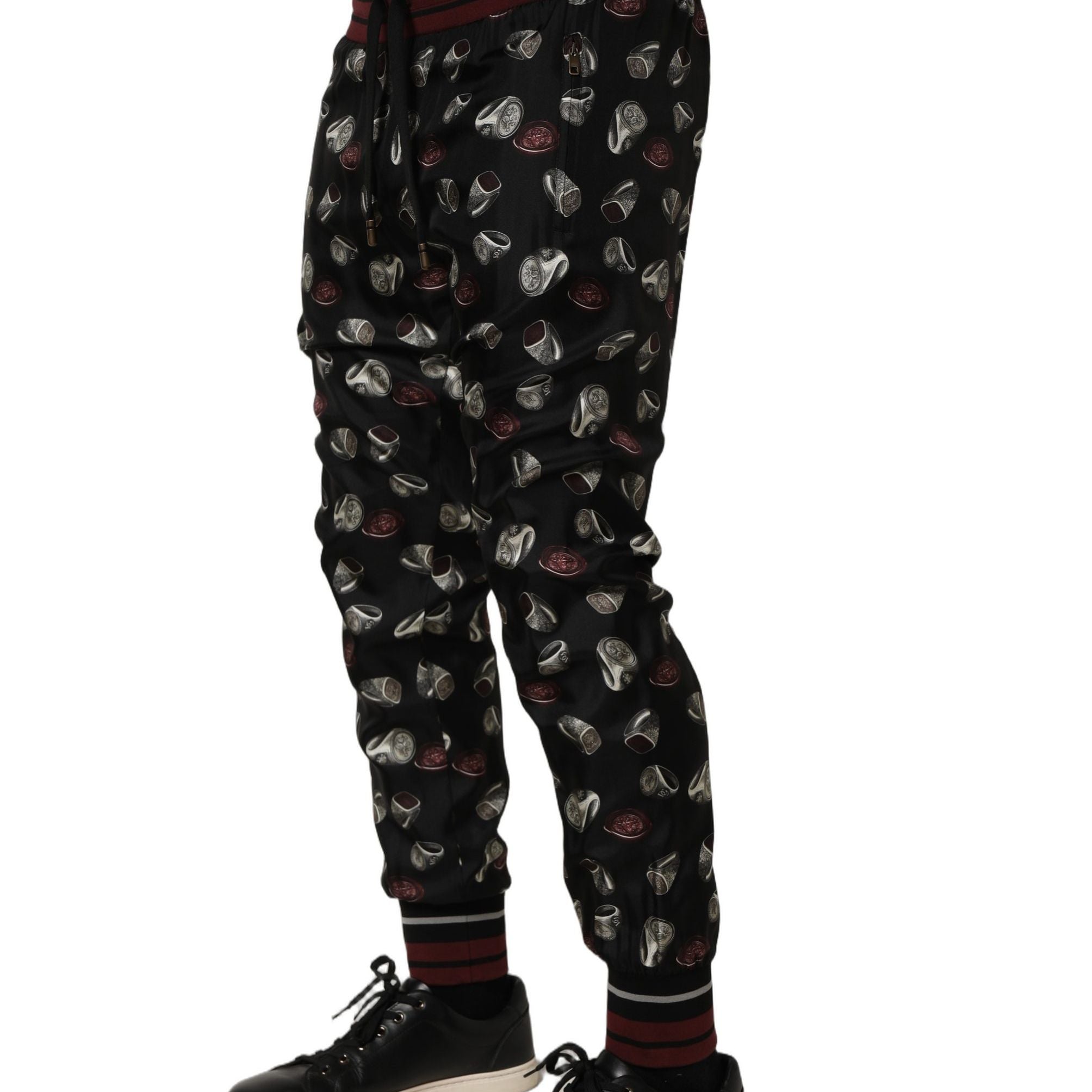 Dolce & Gabbana Pants Black Ring Print Silk Jogging Trousers