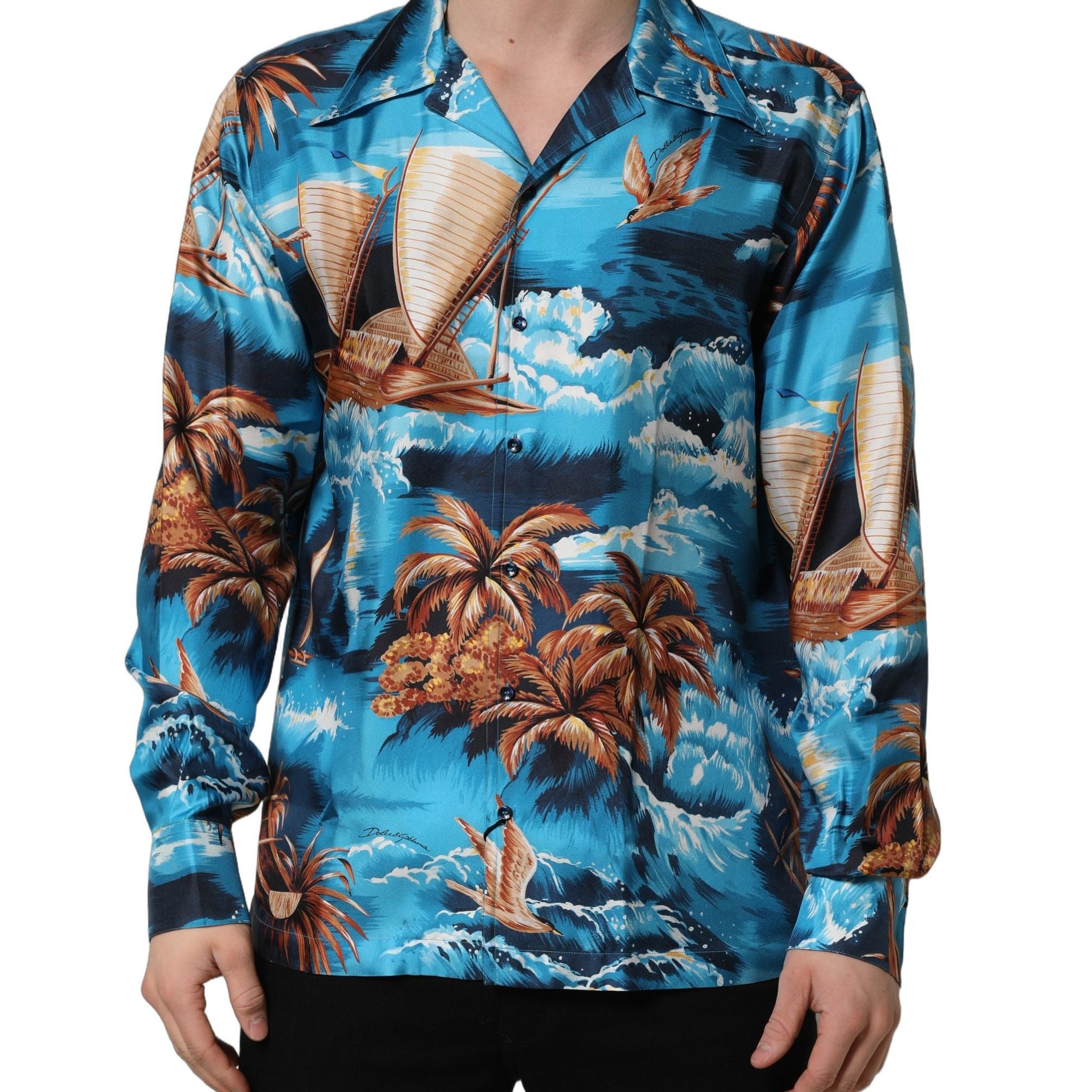 Dolce & Gabbana Blue Silk Twill Hawaiian GraphicPrint Shirt