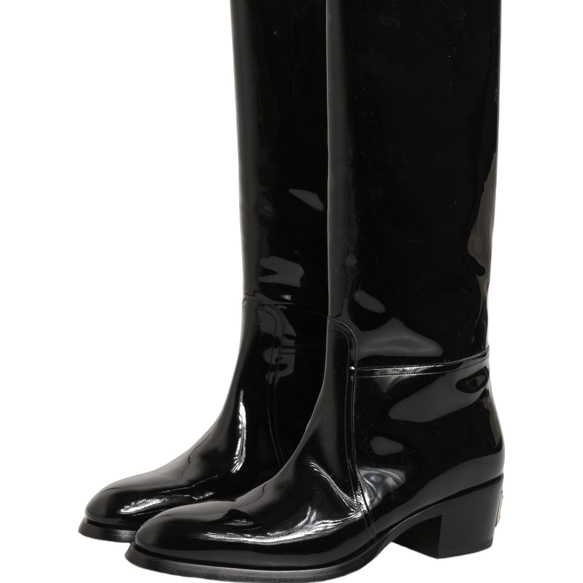 Dolce & Gabbana Black Leather Knee High Heels Boots Shoes
